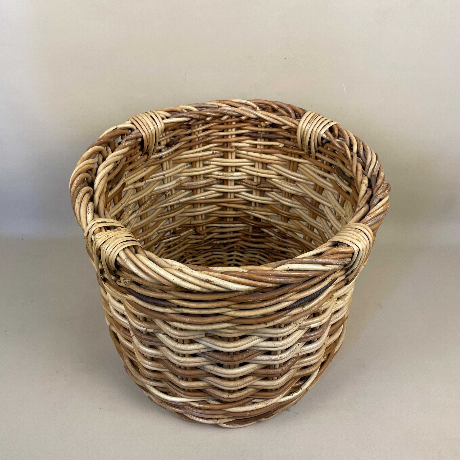 Antique Round Basket Woven Wicker Brown Storage Vintage Wood Brown Cottage Farmhouse Weave Handmade Rustic Toy Display Cylinder Log Logs photo for sale