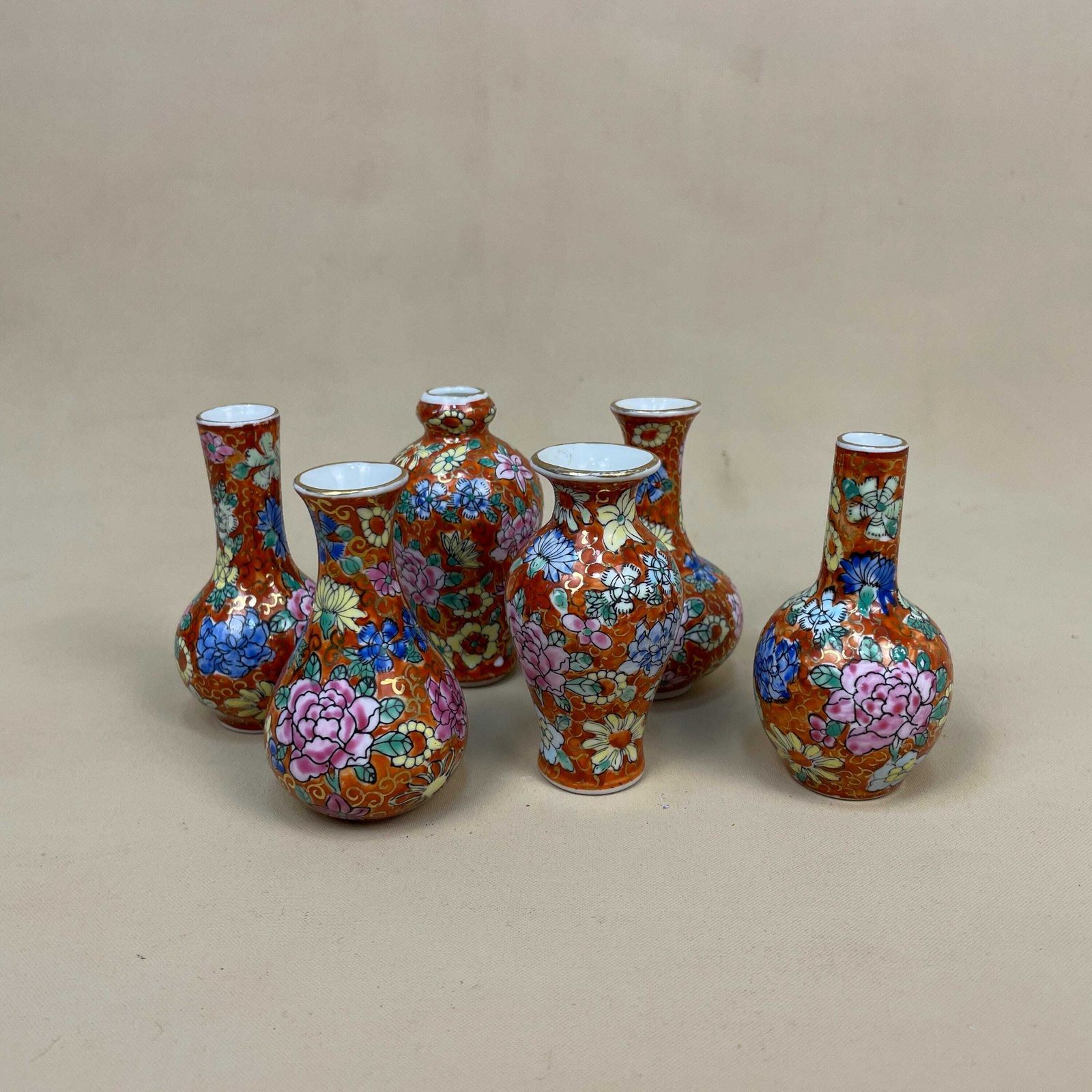 Set Of 6 Miniature Oriental Chinese Ceramic Porcelain Handmade Vase Small Floral Decorative Pot Antique Asian Painted Flower Red photo vinterior