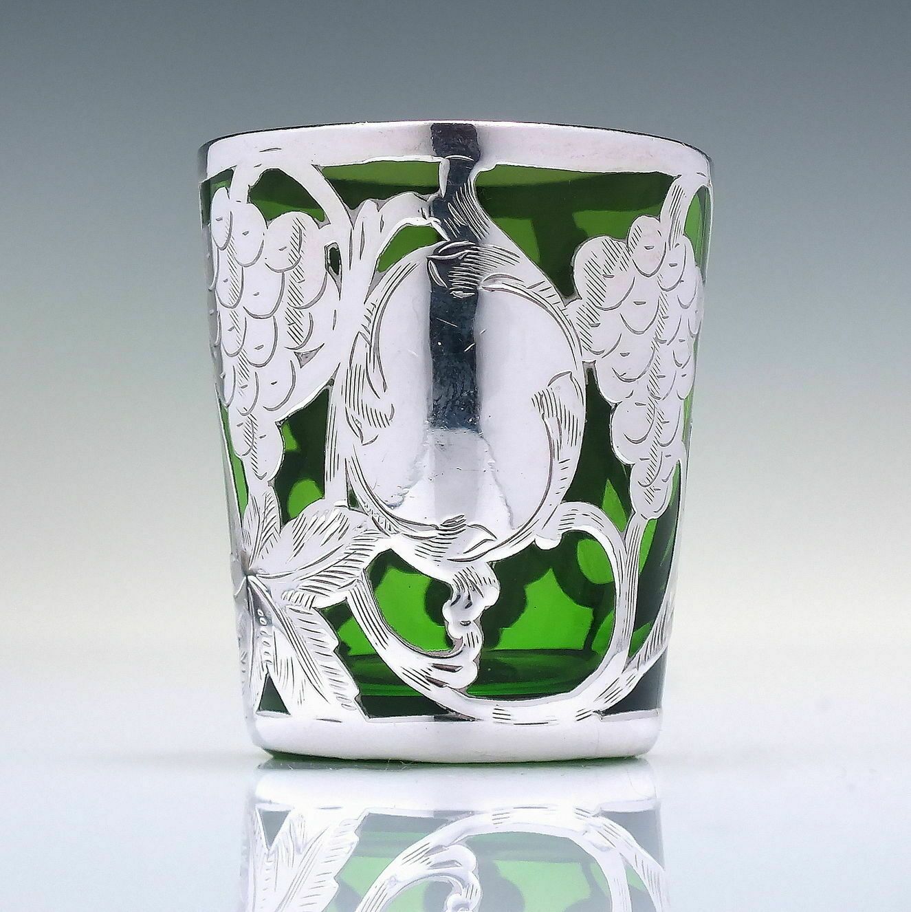Silver Art Nouveau Green Glass Shot Tumbler C1900 photo for sale
