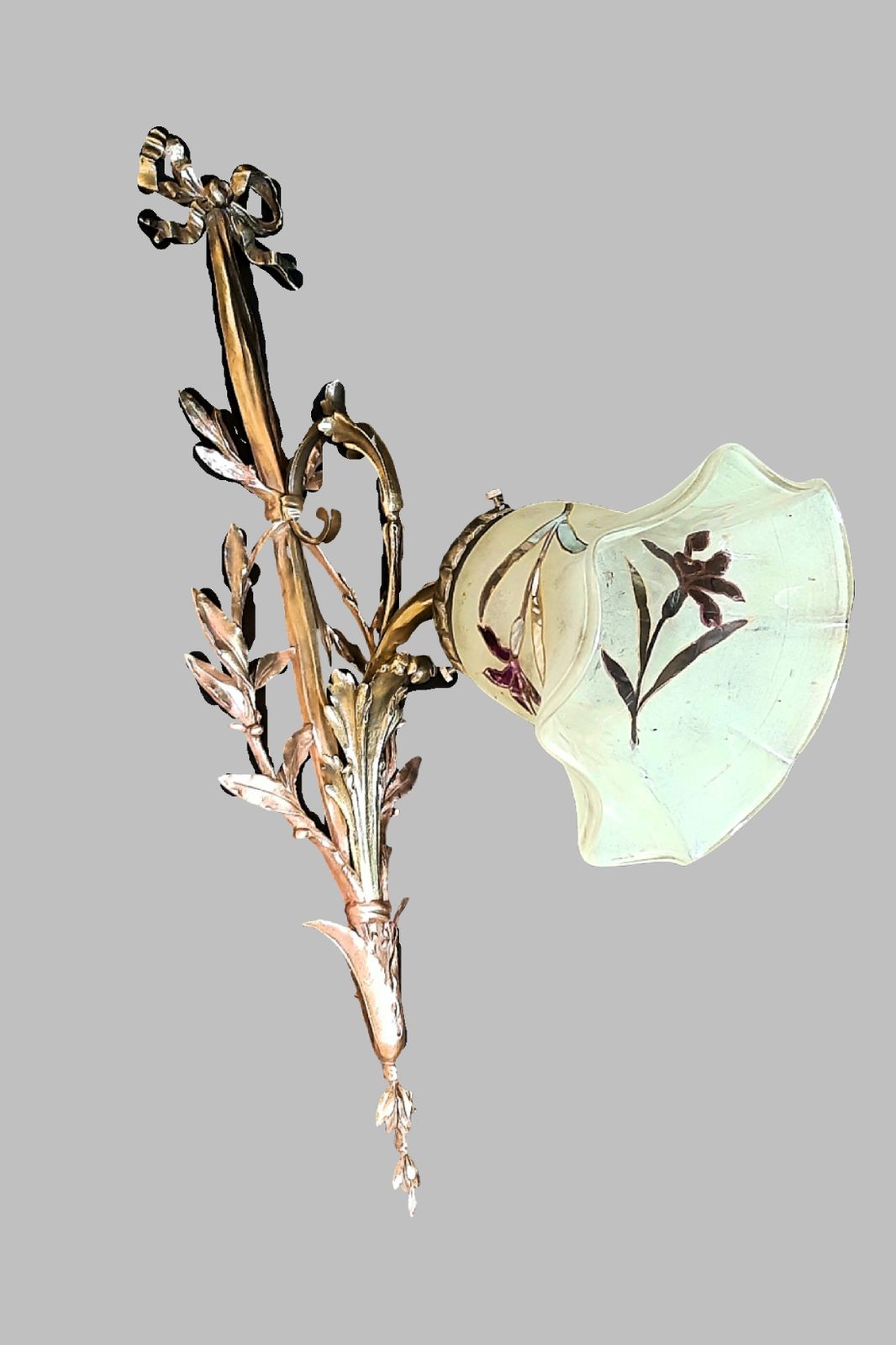 Art Nouveau Wall Sconce, Large 20" Tall, Enamelled Glass Shade Gilded Bronze Fixture France 1910s photo Lighting