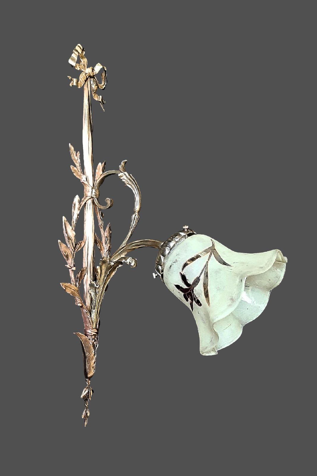 Art Nouveau Wall Sconce, Large 20" Tall, Enamelled Glass Shade Gilded Bronze Fixture France 1910s photo vinterior