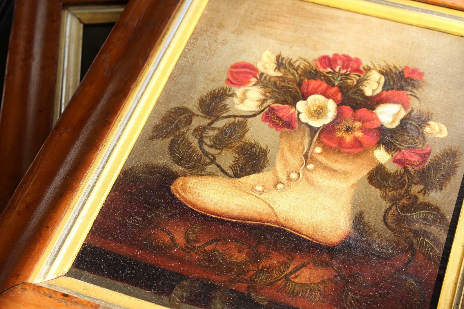 19th Century Naive Pair Of Children's Shoes & Floral Still Life Paintings photo vinterior