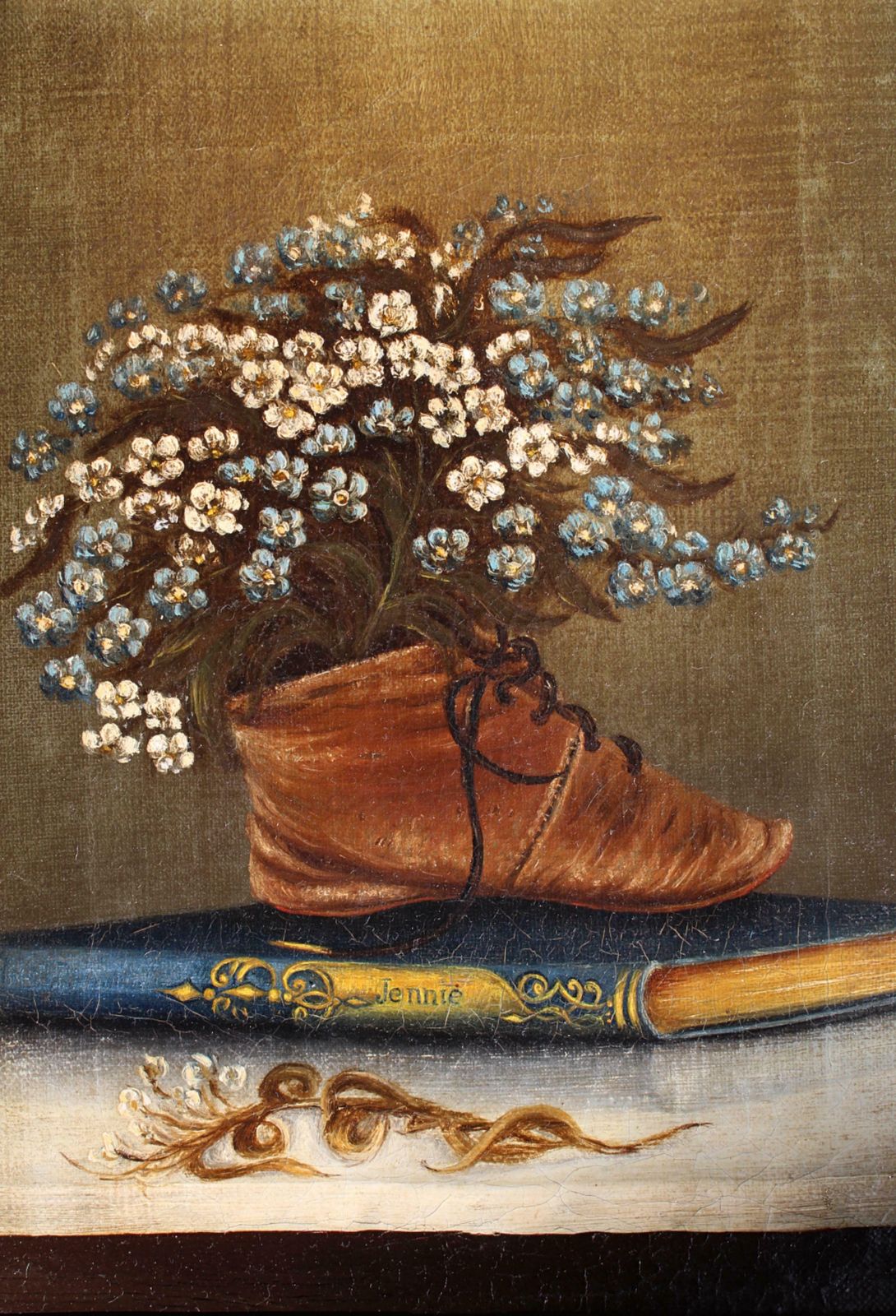 photo furniture 19th Century Naive Pair Of Children's Shoes & Floral Still Life Paintings