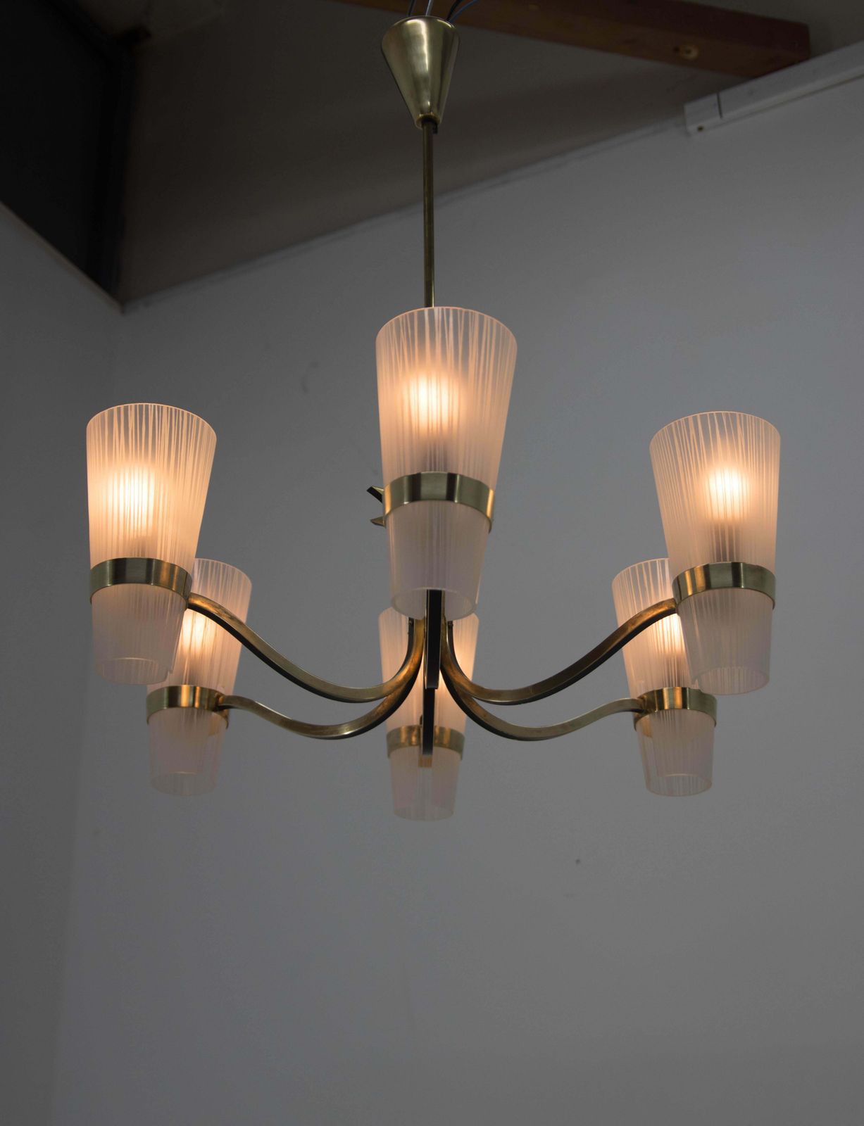 Brass And Glass Chandelier In Lyfa Style, Denmark, 1970s photo vinterior