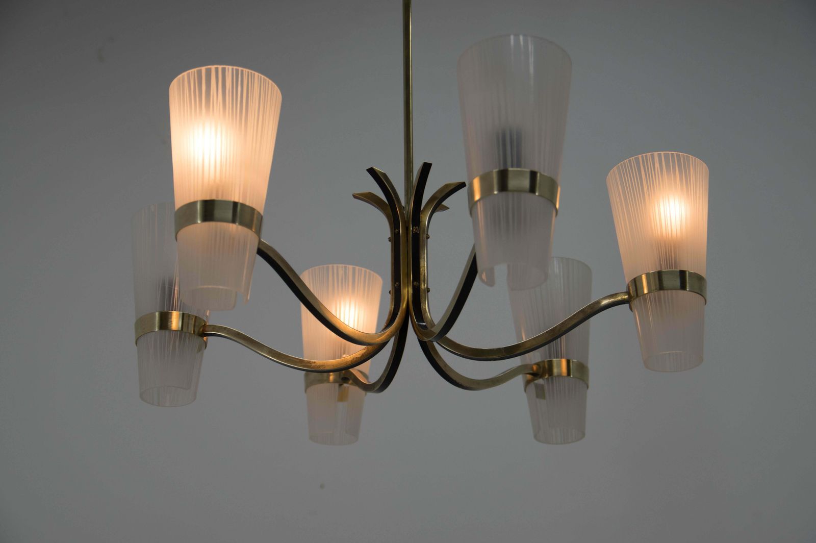 Lighting Brass And Glass Chandelier In Lyfa Style, Denmark, 1970s photo