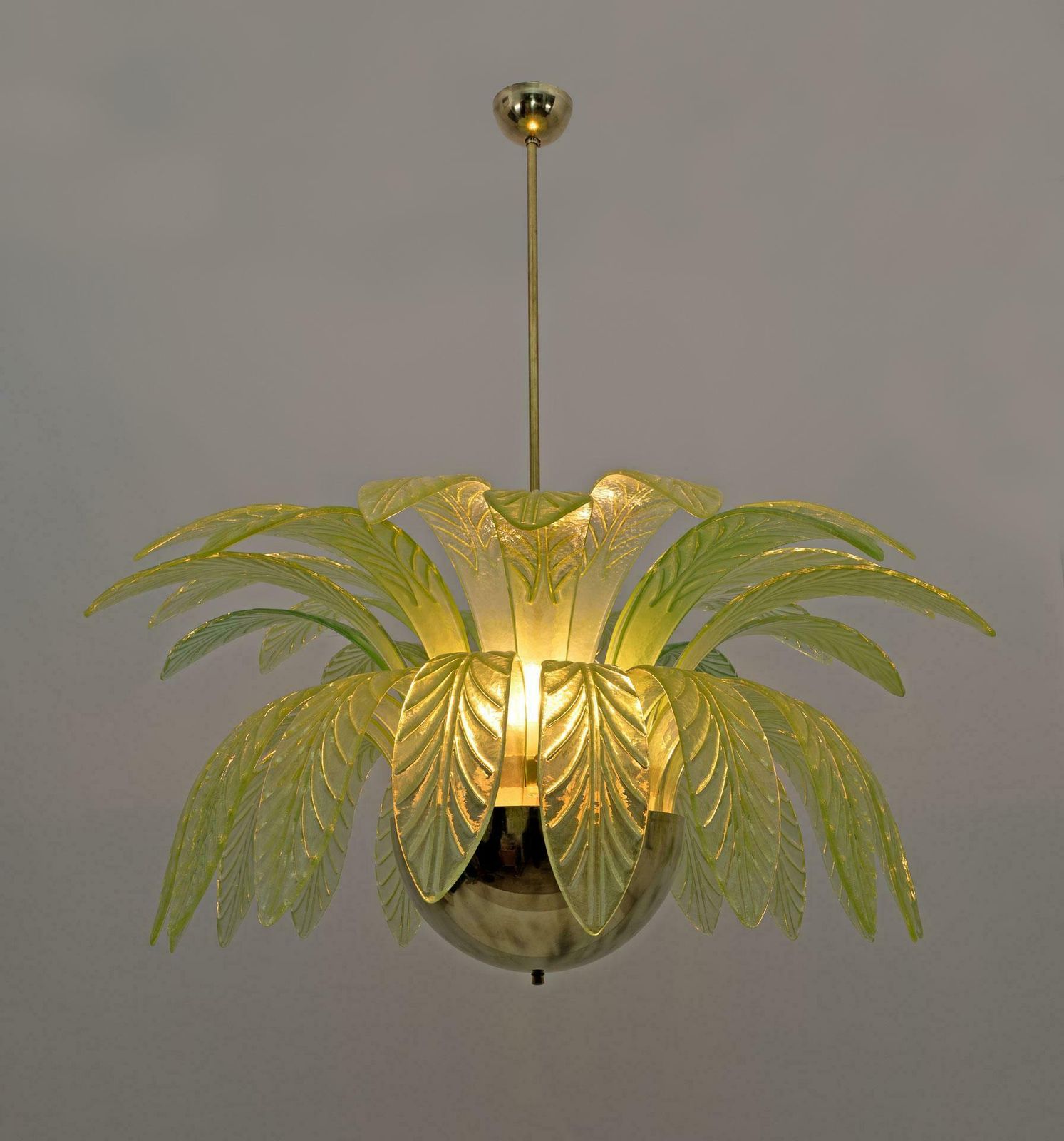Mid Century Modern Palm Leaves Big Chandelier Murano Glass And Brass, 1970s photo furniture