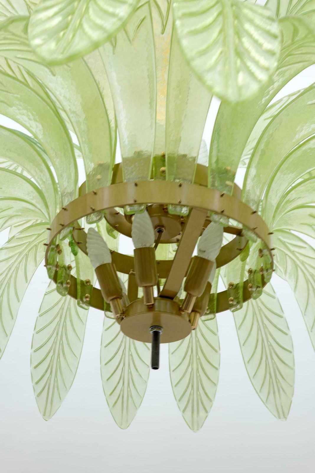 Mid Century Modern Palm Leaves Big Chandelier Murano Glass And Brass, 1970s photo vintage