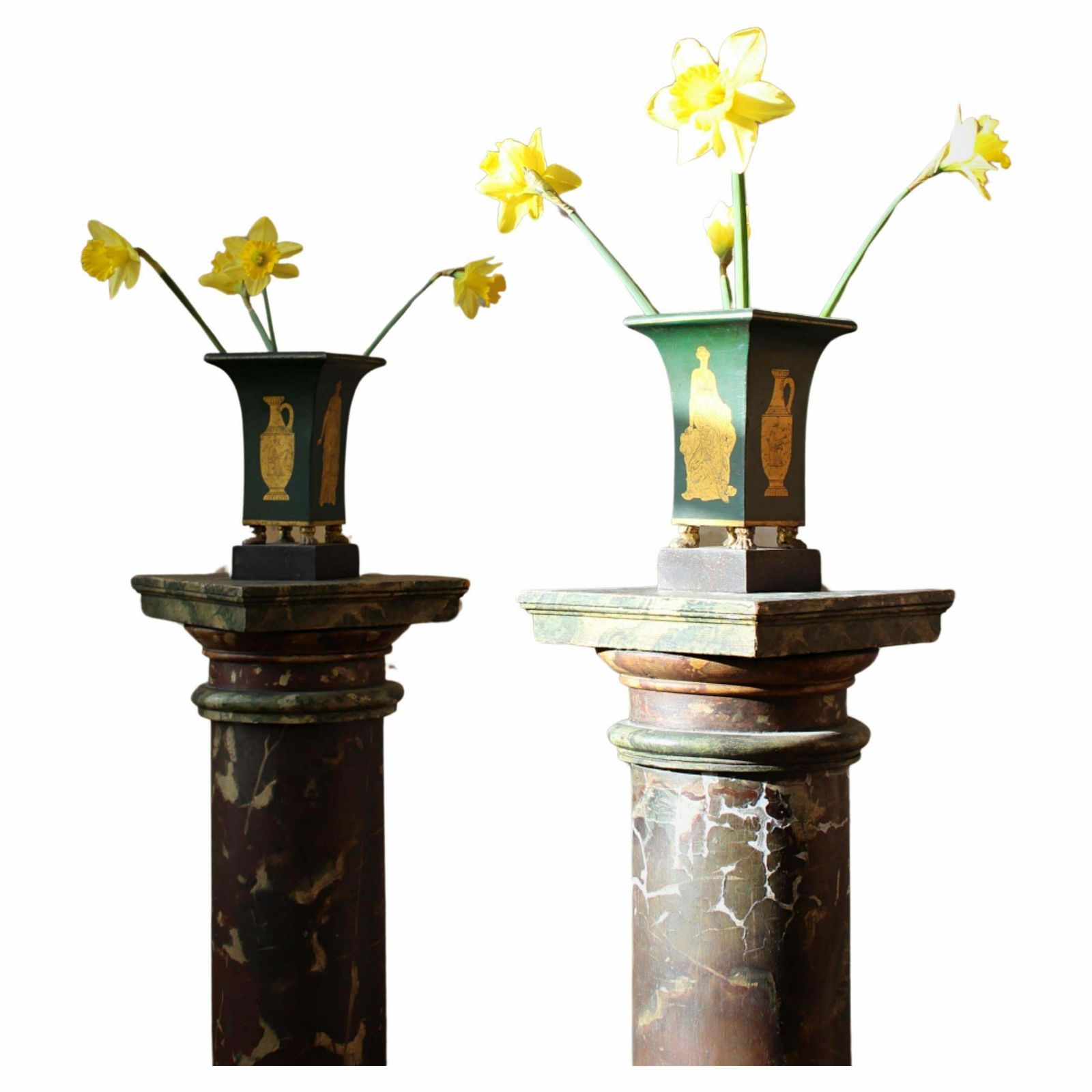 Early 19th Century Pair Of Regency Toleware Green And Gilt Vases