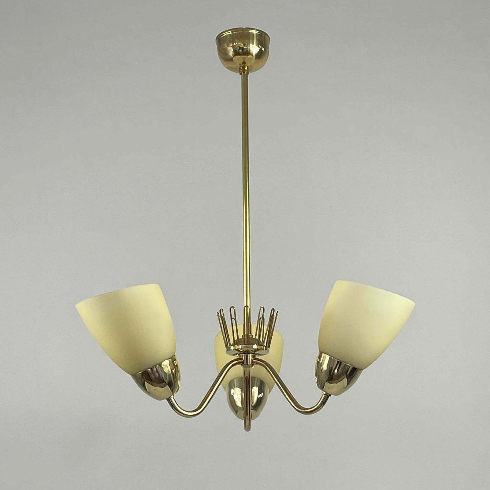 Hans Bergström Brass & Opaline Glass Three Arm Chandelier, Asea, Sweden 1950s photo furniture