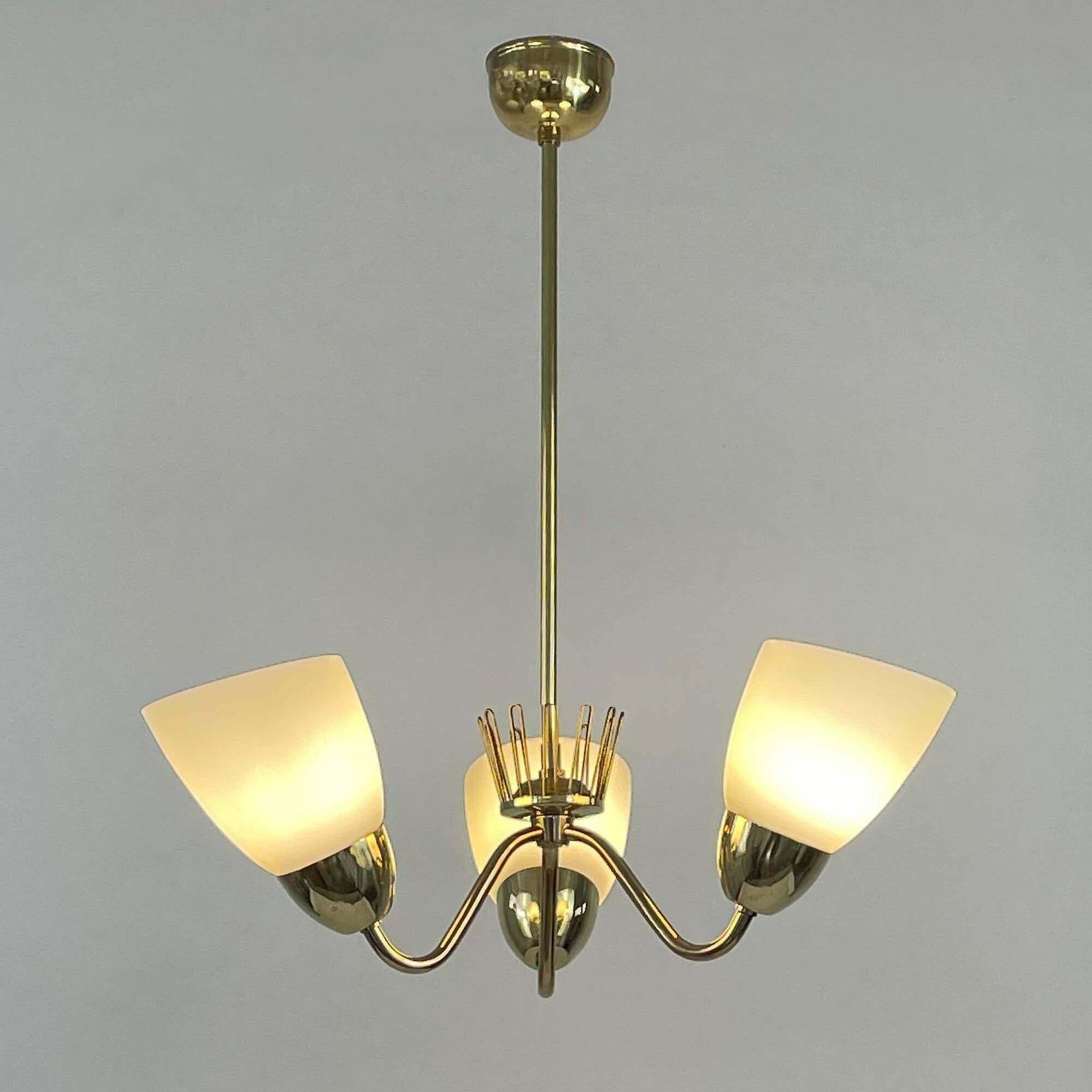 Hans Bergström Brass & Opaline Glass Three Arm Chandelier, Asea, Sweden 1950s photo for sale