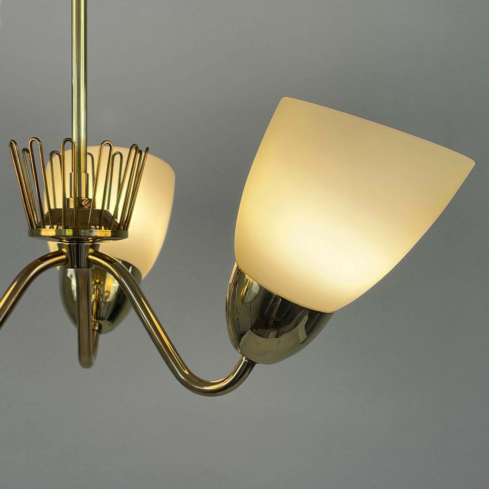 Hans Bergström Brass & Opaline Glass Three Arm Chandelier, Asea, Sweden 1950s photo buy