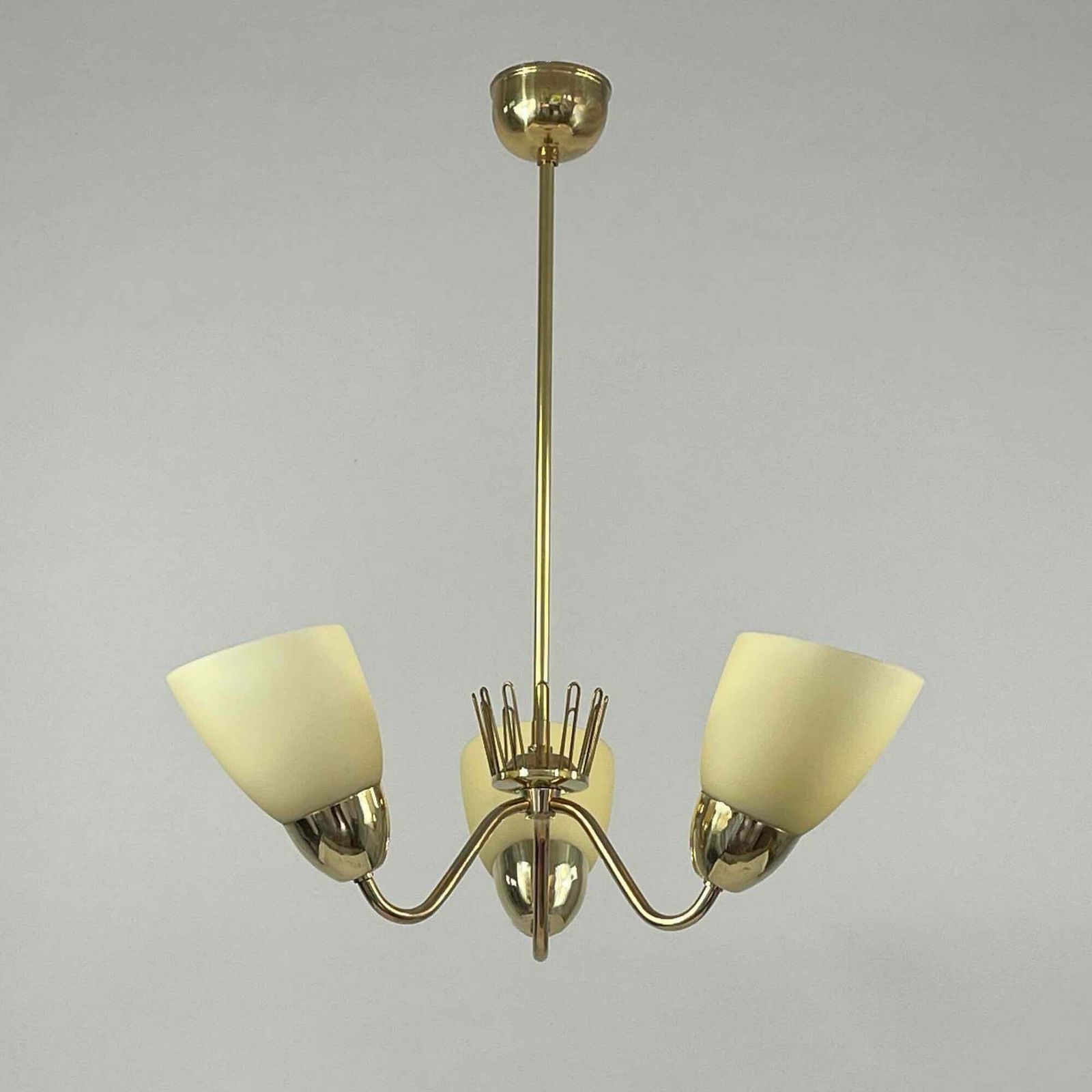 photo vinterior Hans Bergström Brass & Opaline Glass Three Arm Chandelier, Asea, Sweden 1950s