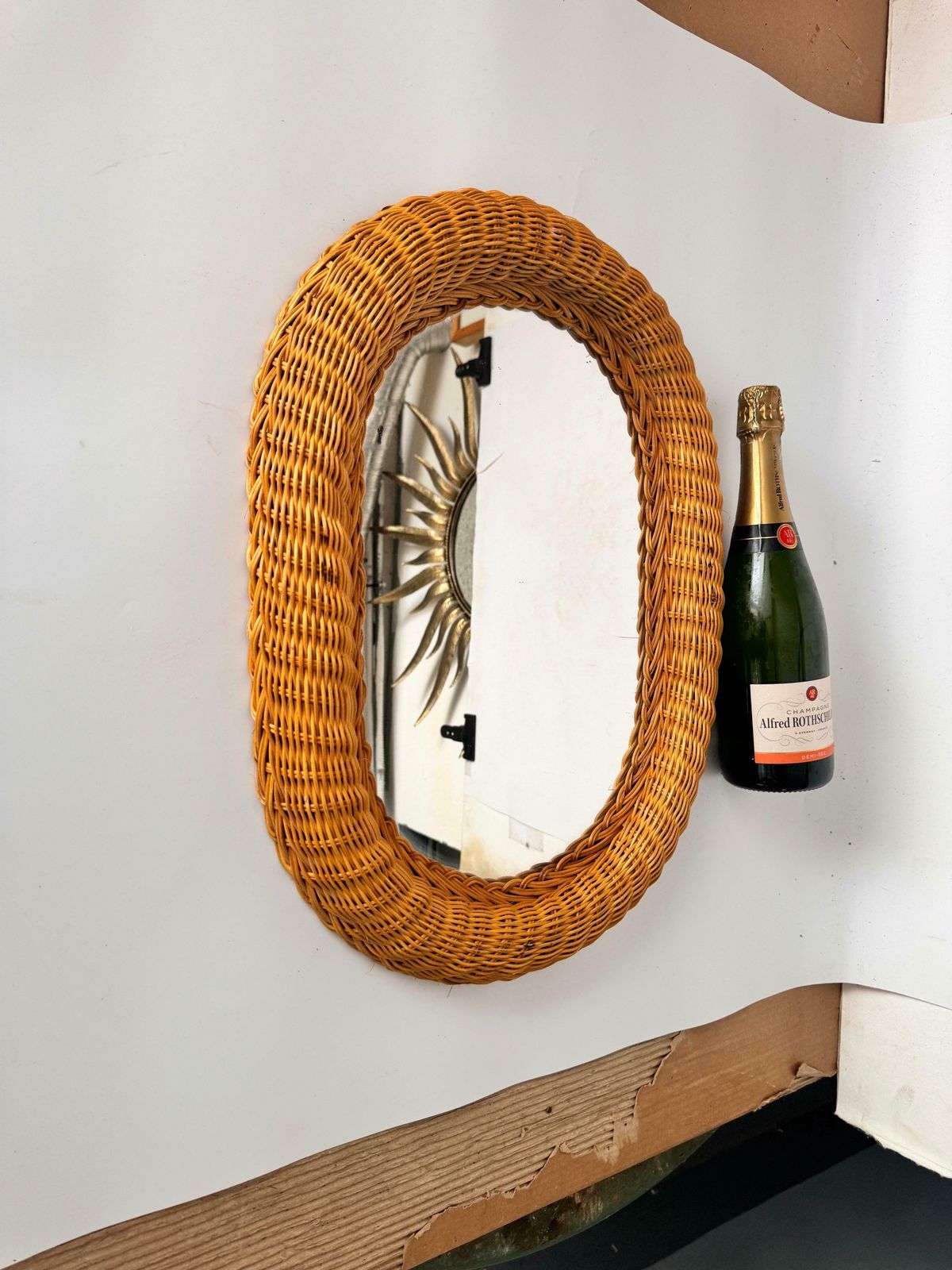 Midcentury French Riviera Rattan And Bamboo Oval Wall Mirror, Italy 1960s photo for sale
