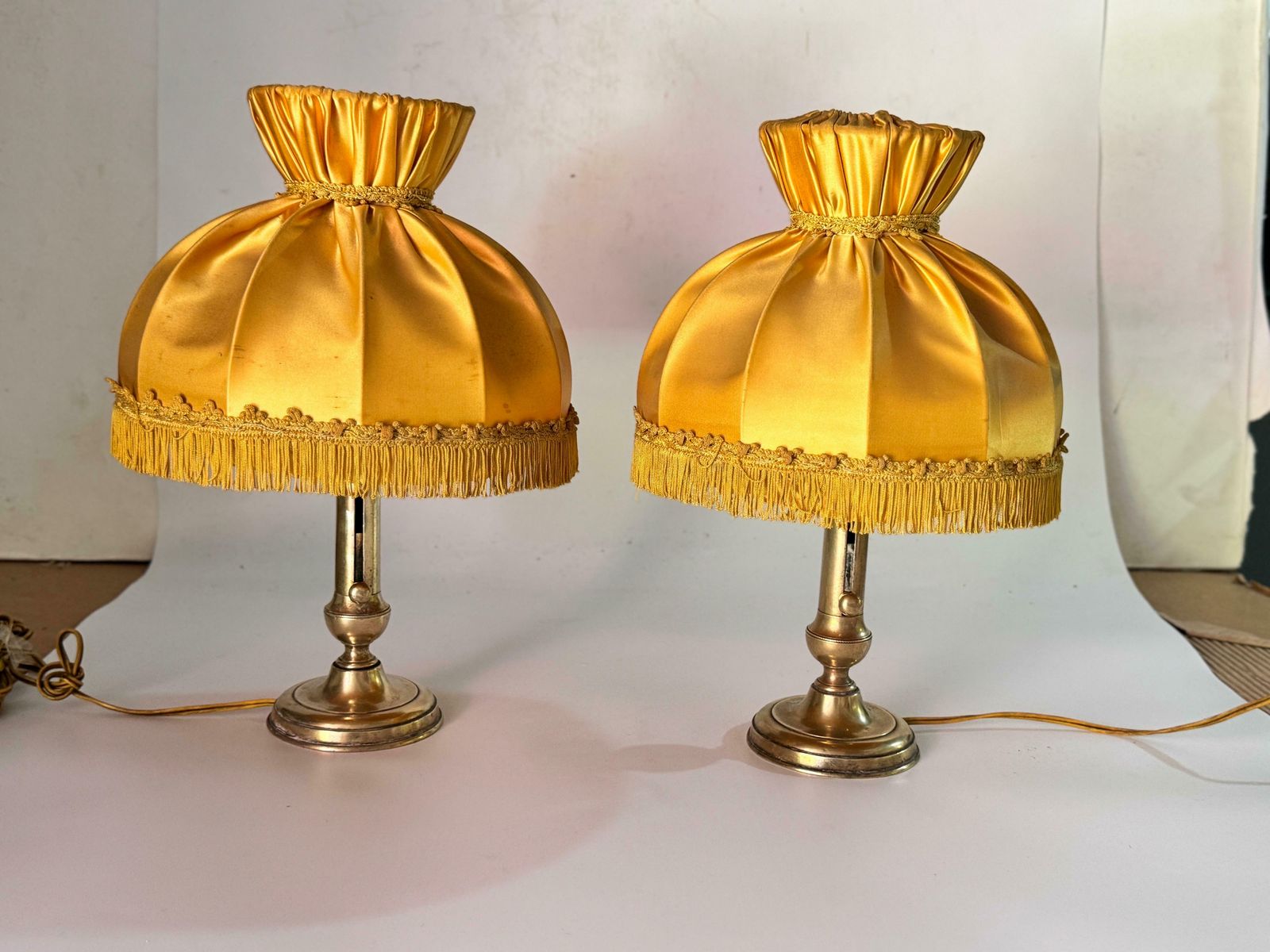 Pair Of Table Lamps In Brass Gold Color Silk Original Shades France 19th photo vintage