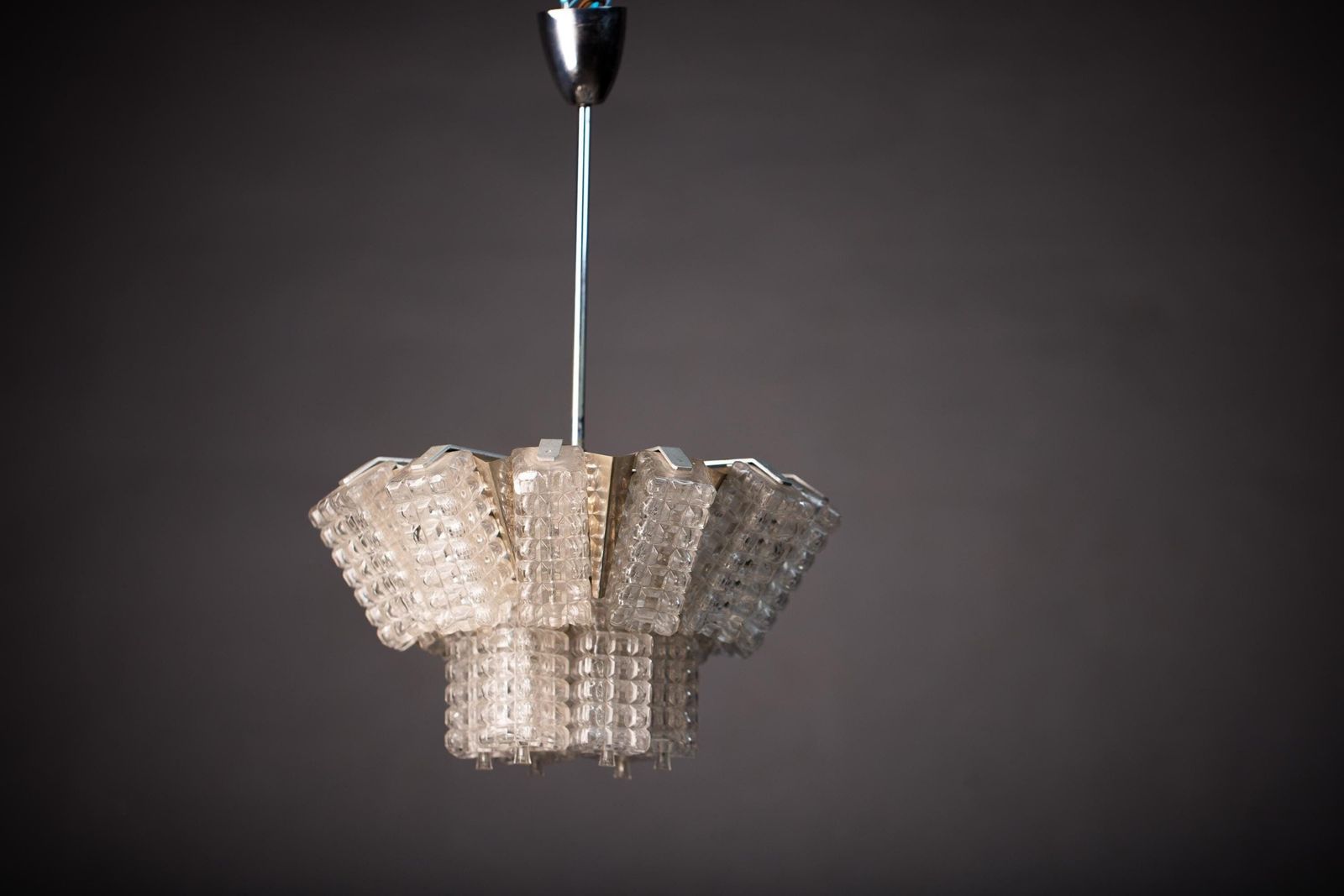 Vintage Glass Chandelier By Austrolux / Austria 1960s / Mid Century Pendant Light With Chrome Base And Glass Cubes / Home Lighting
