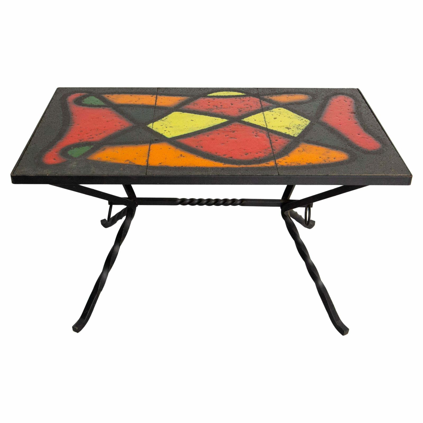 French Coffee Table Wrought Iron & Glazed Ceramics, Circa 1960