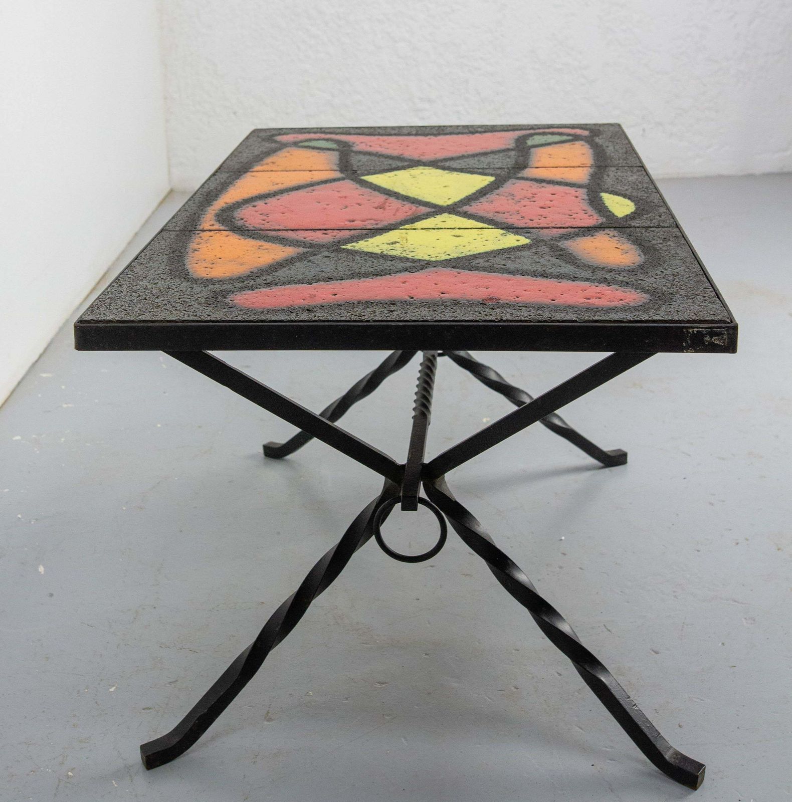French Coffee Table Wrought Iron & Glazed Ceramics, Circa 1960 photo 837.0