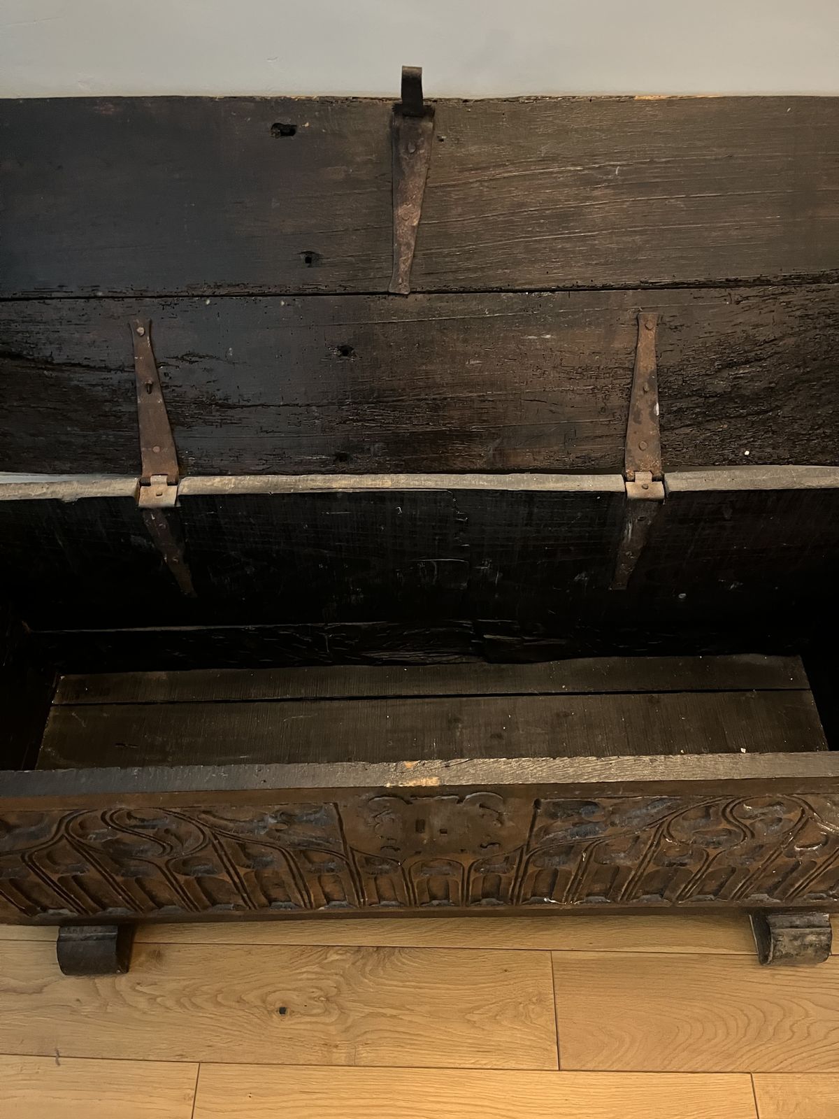 Late 18th Early 19th Century Oak Carved French Coffer. Beautifully Hand Carved Front And Of Solid Construction photo furniture