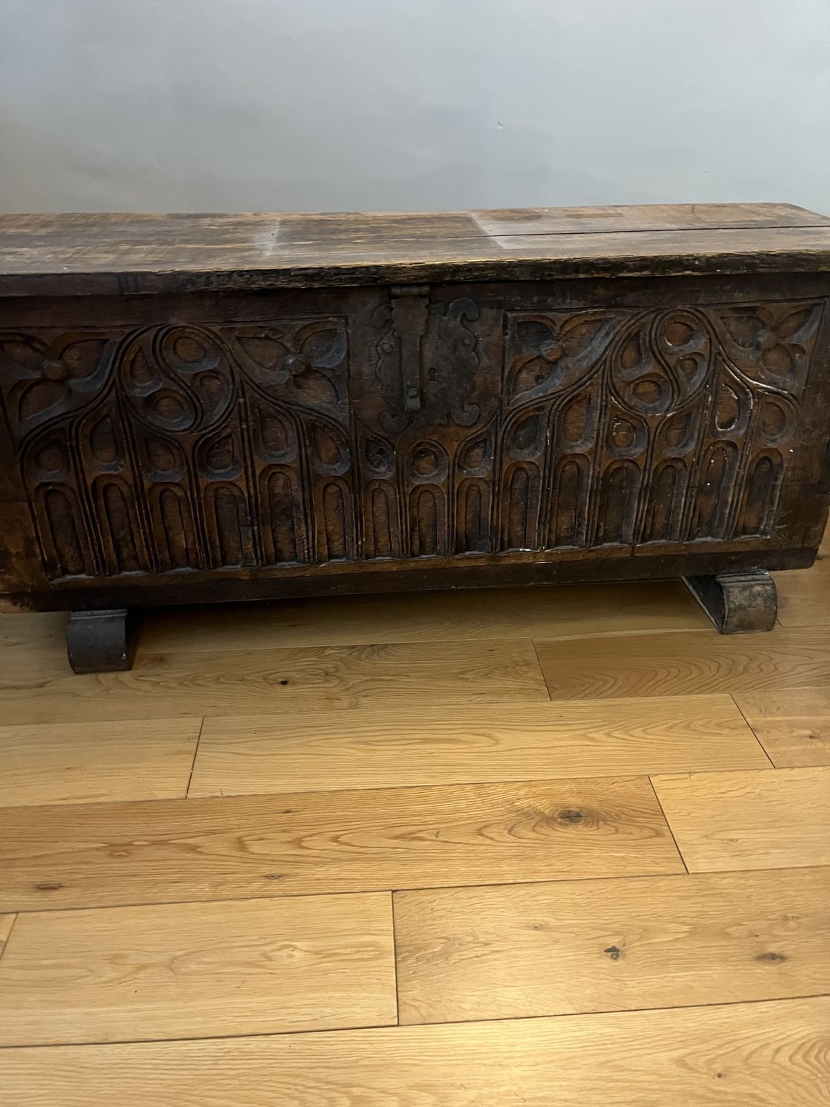 Late 18th Early 19th Century Oak Carved French Coffer. Beautifully Hand Carved Front And Of Solid Construction photo vintage