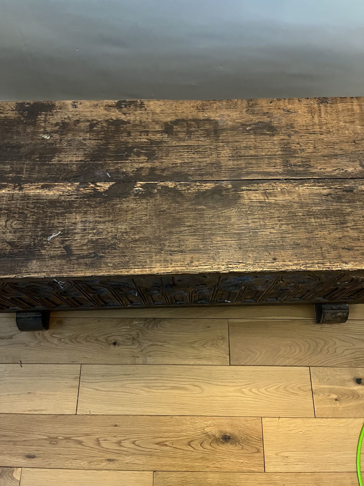 Late 18th Early 19th Century Oak Carved French Coffer. Beautifully Hand Carved Front And Of Solid Construction