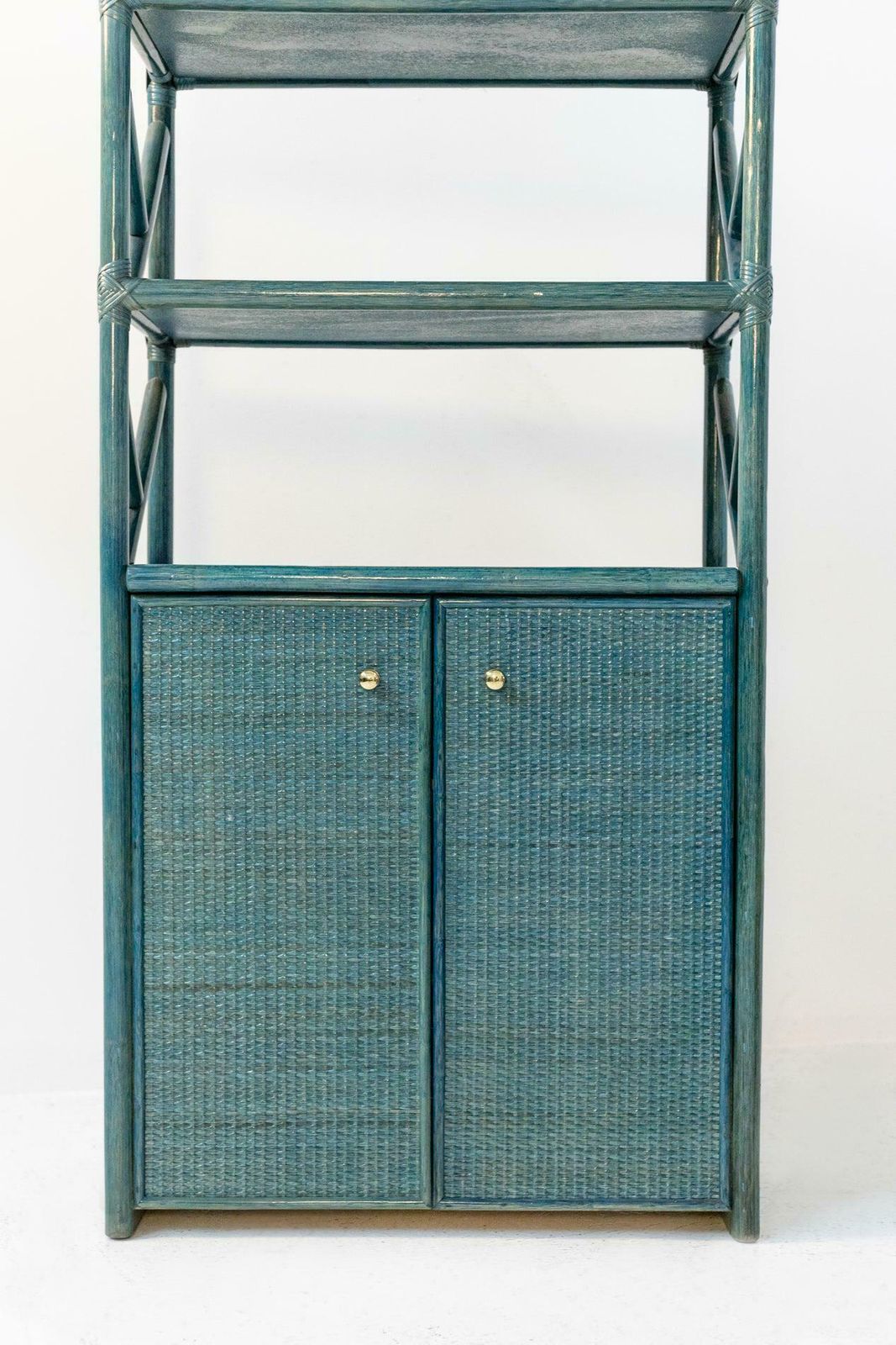 Italian Vintage Bookcase In Green Bamboo, Rattan And Brass photo vintage