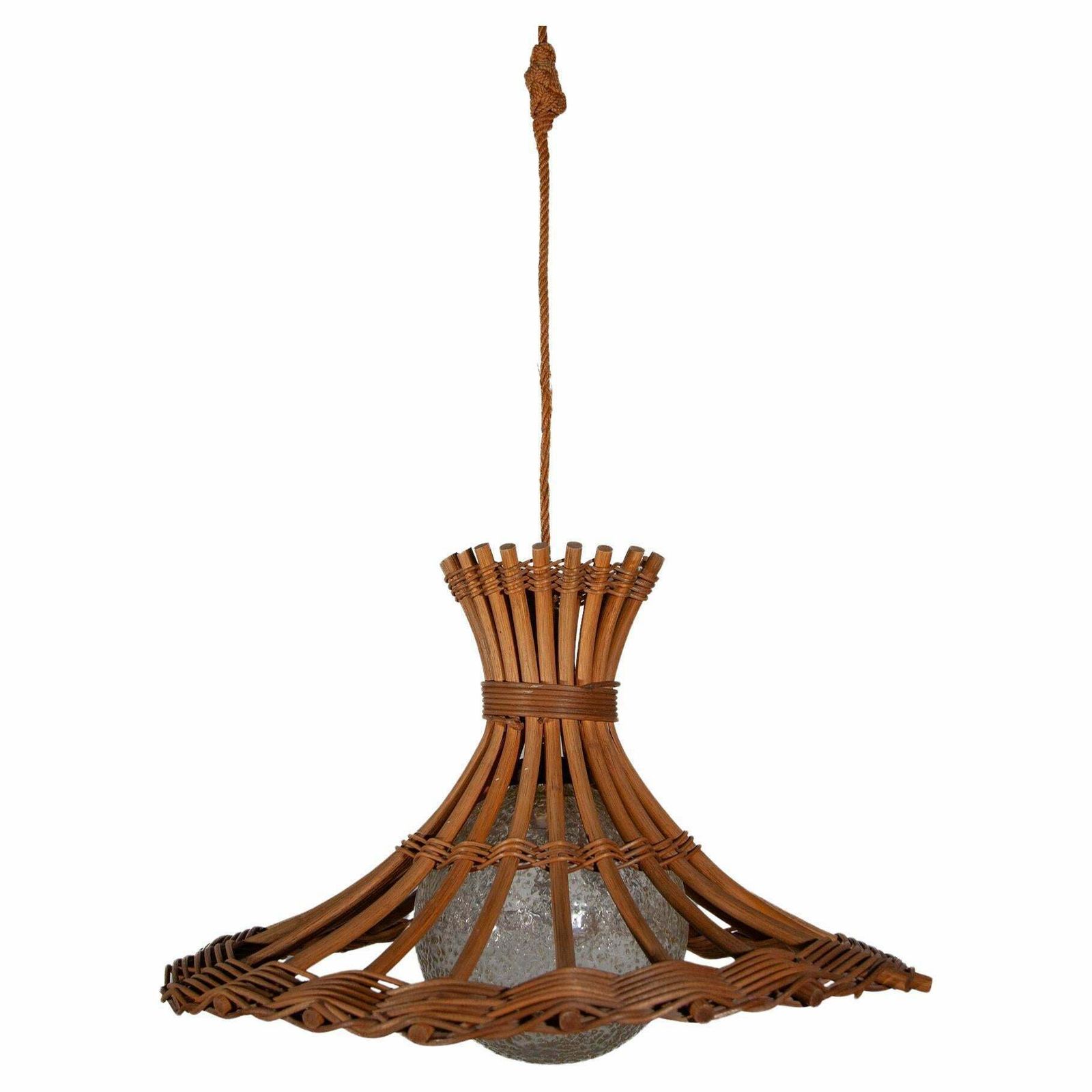 Louis Sognot Bamboo Rattan Pendant Lantern With Glass Globe, France, 1950s