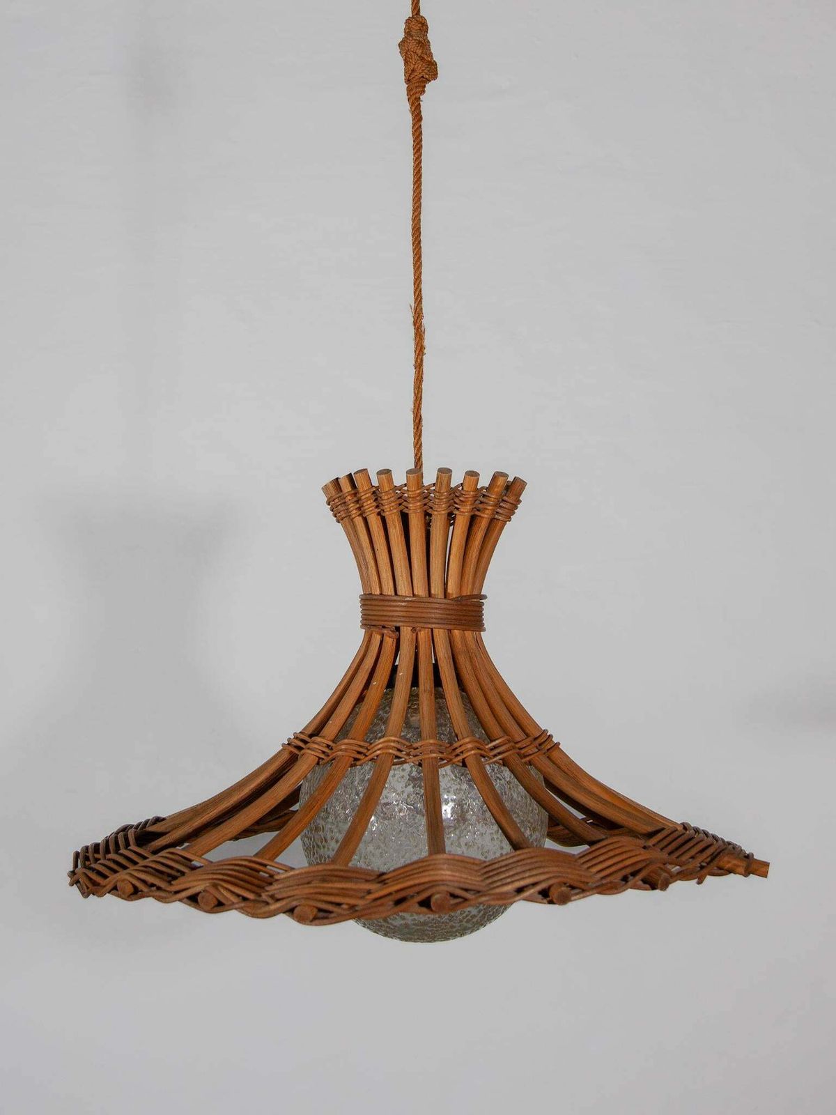 Louis Sognot Bamboo Rattan Pendant Lantern With Glass Globe, France, 1950s photo furniture