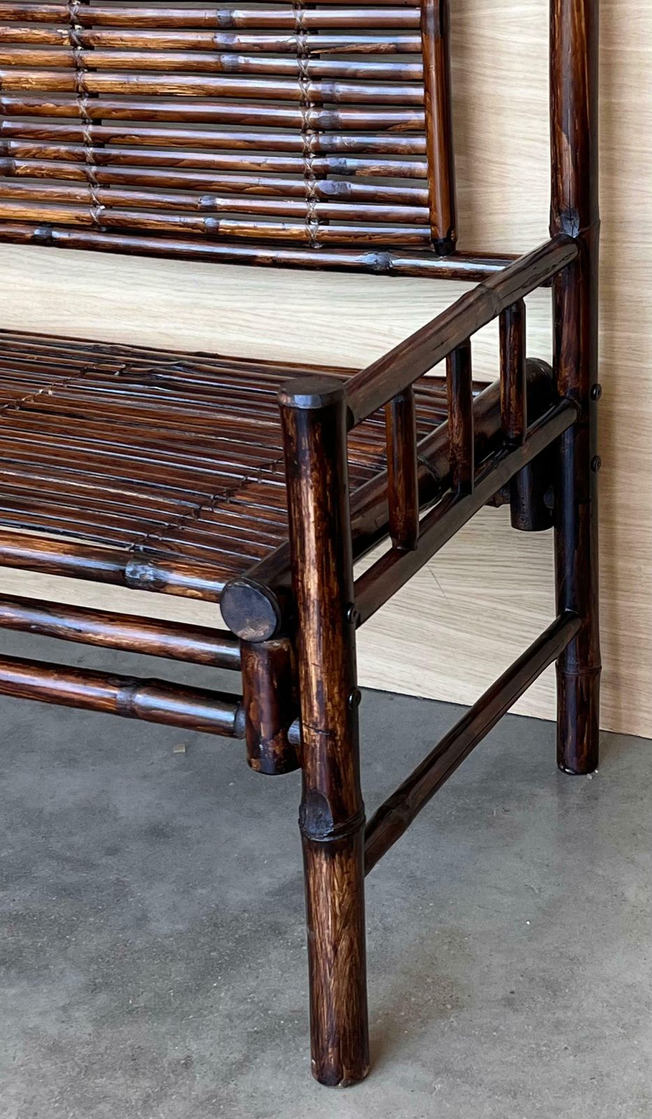Garden Furniture High Backrest Bamboo Bench With Leather Ligatures In Style Of Edizioni Molto photo