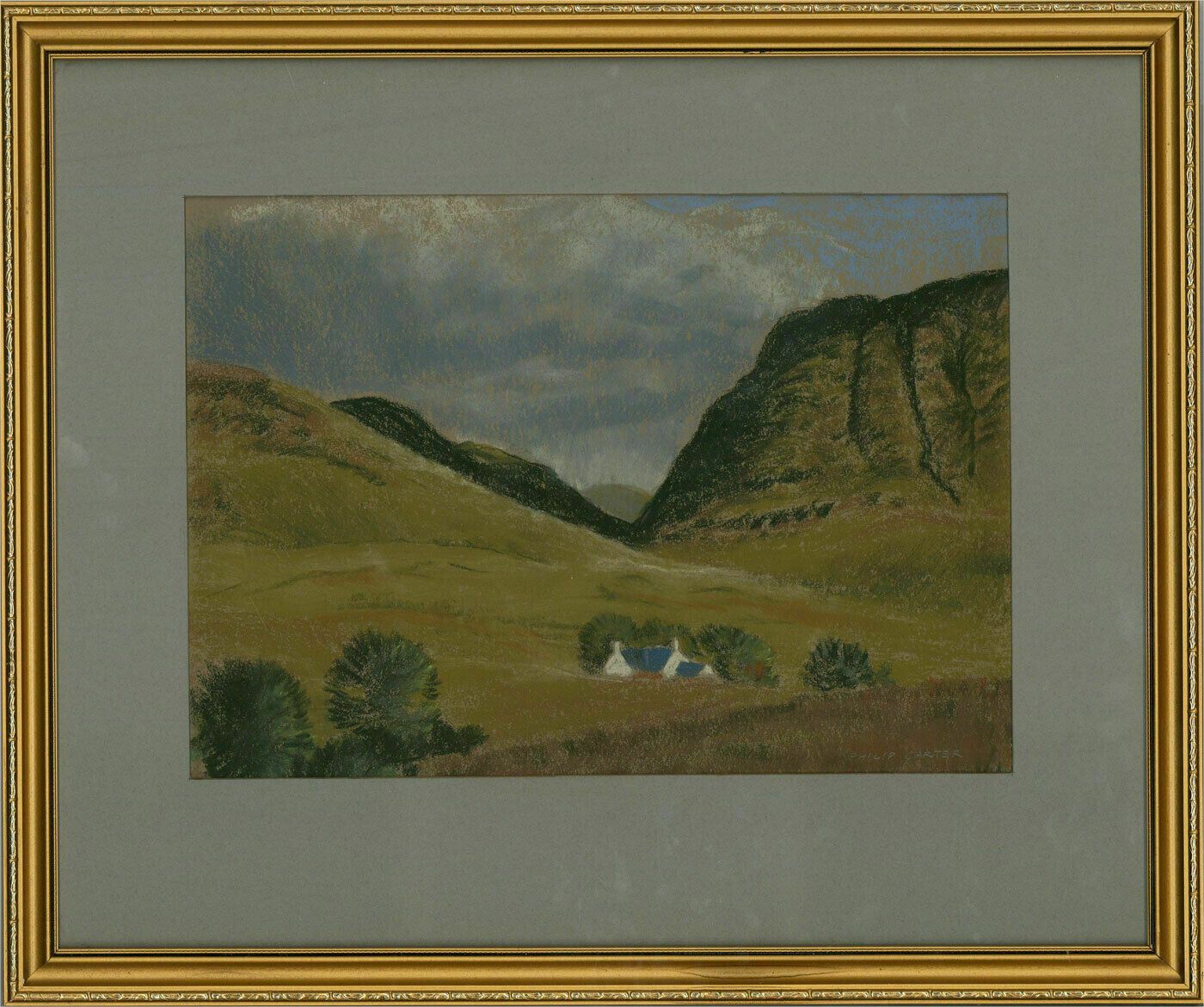 Philip Carter   Mid 20th Century Chalk Drawing, Cottage In Rolling Hills