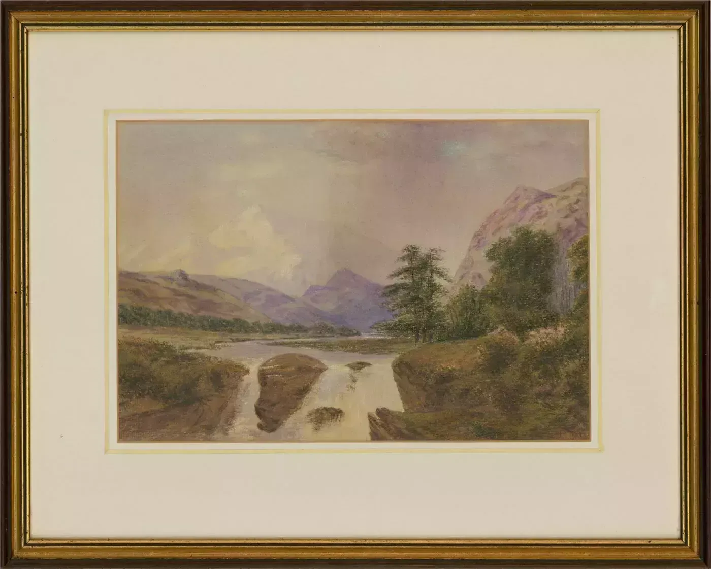 J. Story   1874 Watercolour, Mountainous Landscape With Waterfall