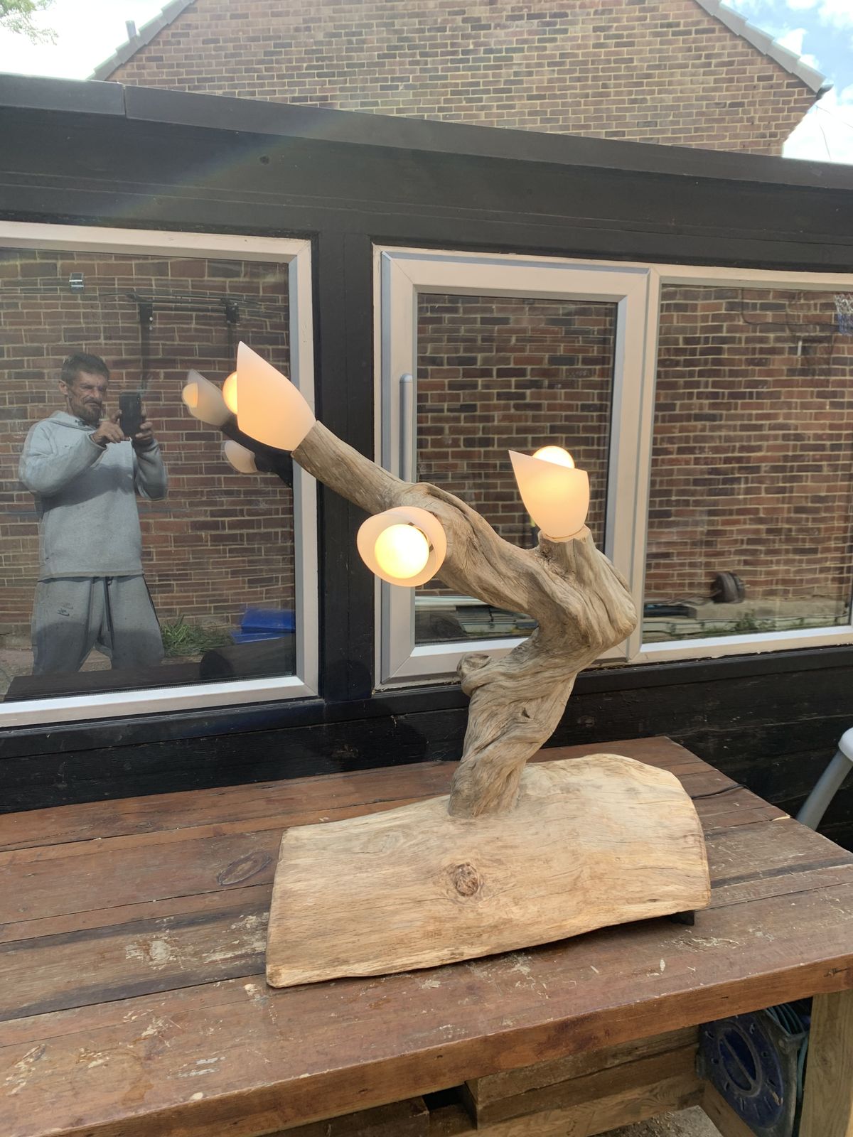 Handmade Ornate Triple Light Teak Stem On A Solid Oak Base £250 O.V.N.O photo for sale