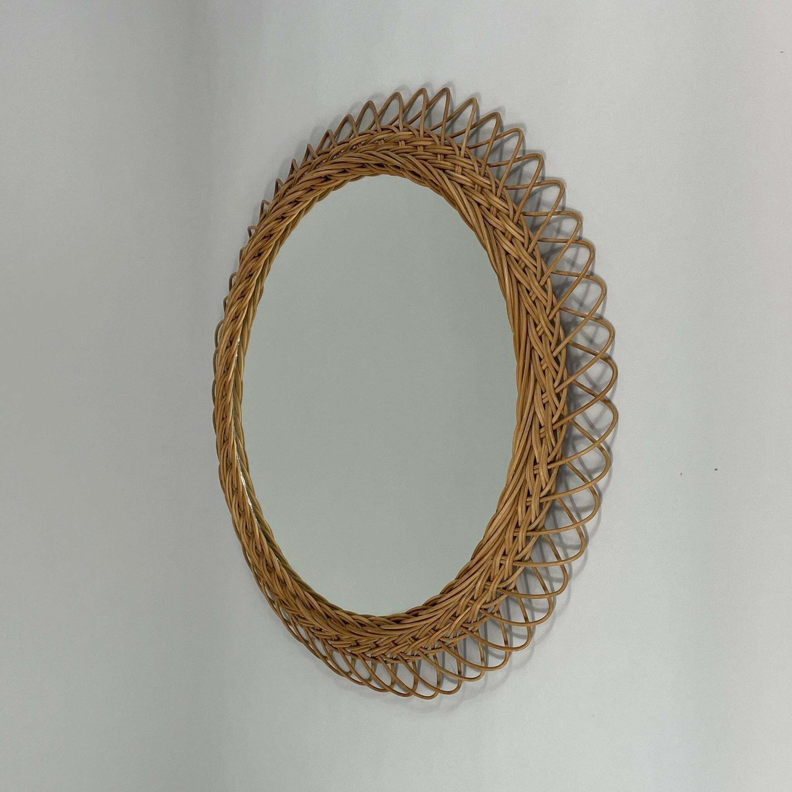 Round Rattan Hand Woven Wall Mirror, Sweden 1950s photo vintage
