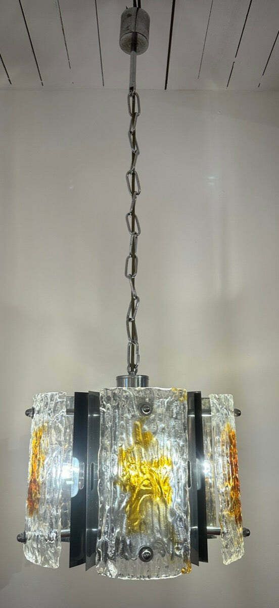 1960s Italian Mazzega Polished Chrome & Murano Textured Clear & Amber Glass Pendant Hanging Light photo furniture