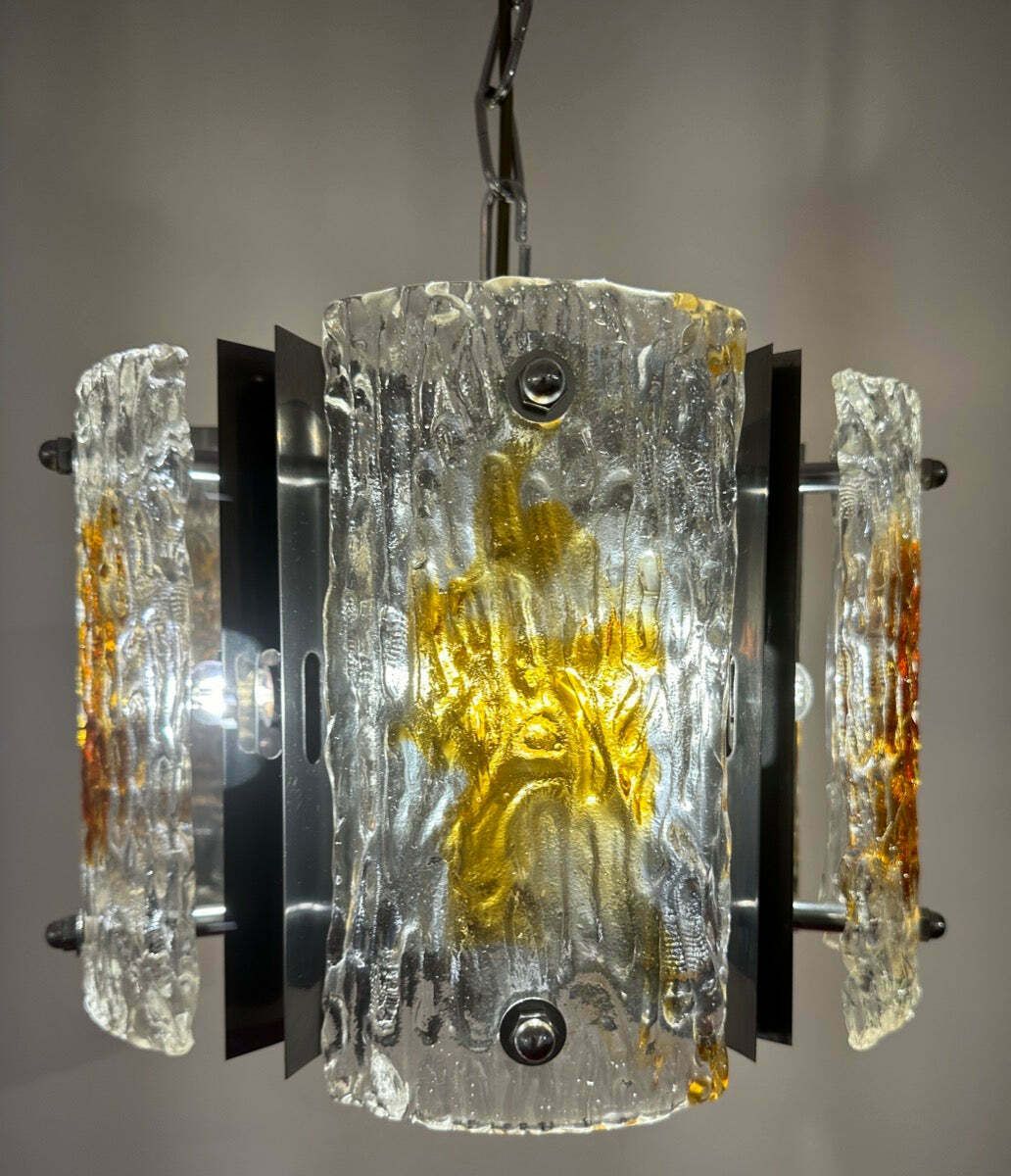 1960s Italian Mazzega Polished Chrome & Murano Textured Clear & Amber Glass Pendant Hanging Light photo buy