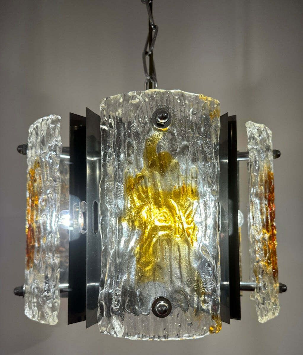 1960s Italian Mazzega Polished Chrome & Murano Textured Clear & Amber Glass Pendant Hanging Light photo vintage