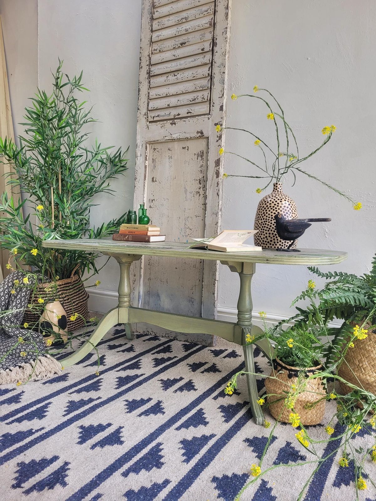 Coffee Table  Green  Handpainted   Country   Farmhouse   Botanical   Occasional Table   Side Table  Fern Print photo for sale