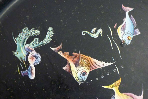 Round Tray Decorated With Fish & Anemones In Metal By Lefevre, France, 1960s photo Home Decor