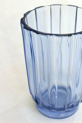 Art Deco Vase With Fluted Body In Blue Molded Pressed Glass, 1930s photo Home Decor