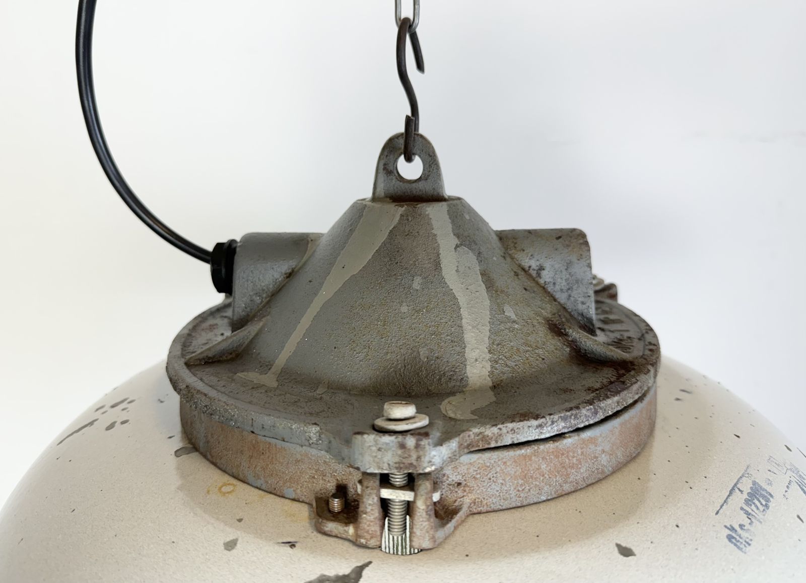 Industrial Grey Enamel Factory Cage Pendant Lamp In Cast Iron From Zaos, 1960s, 8x photo furniture