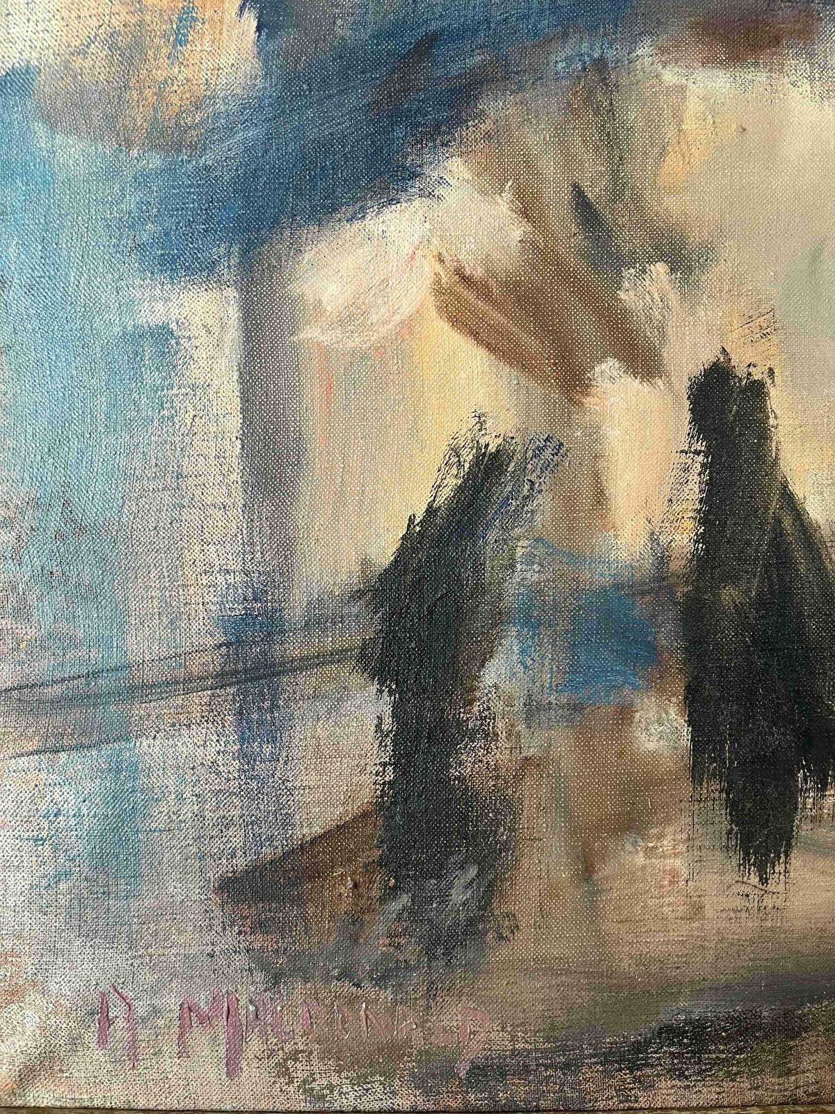Large Mid Century Abstract Oil On Canvas Painting, Vintage Original Art Framed In A Minimal Wooden Frame photo Art