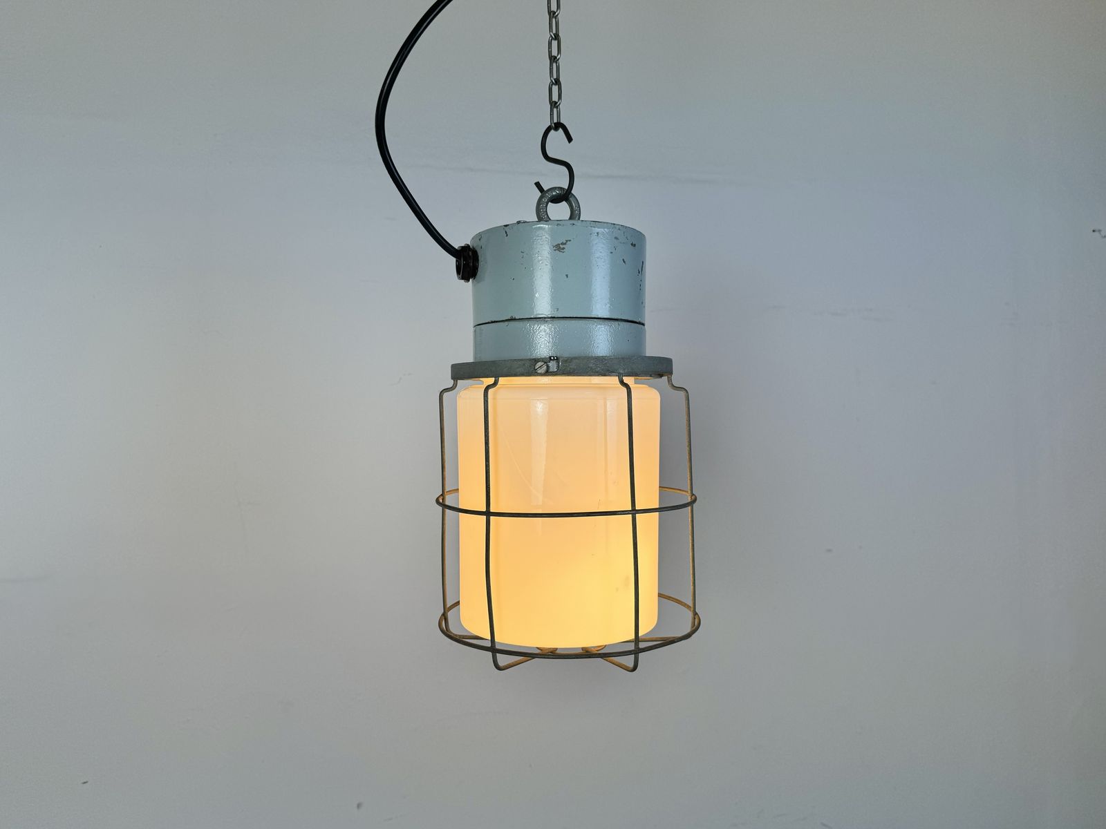 Industrial Aluminium Cage Light With Milk Glass From Elektrosvit, 1970s photo for sale