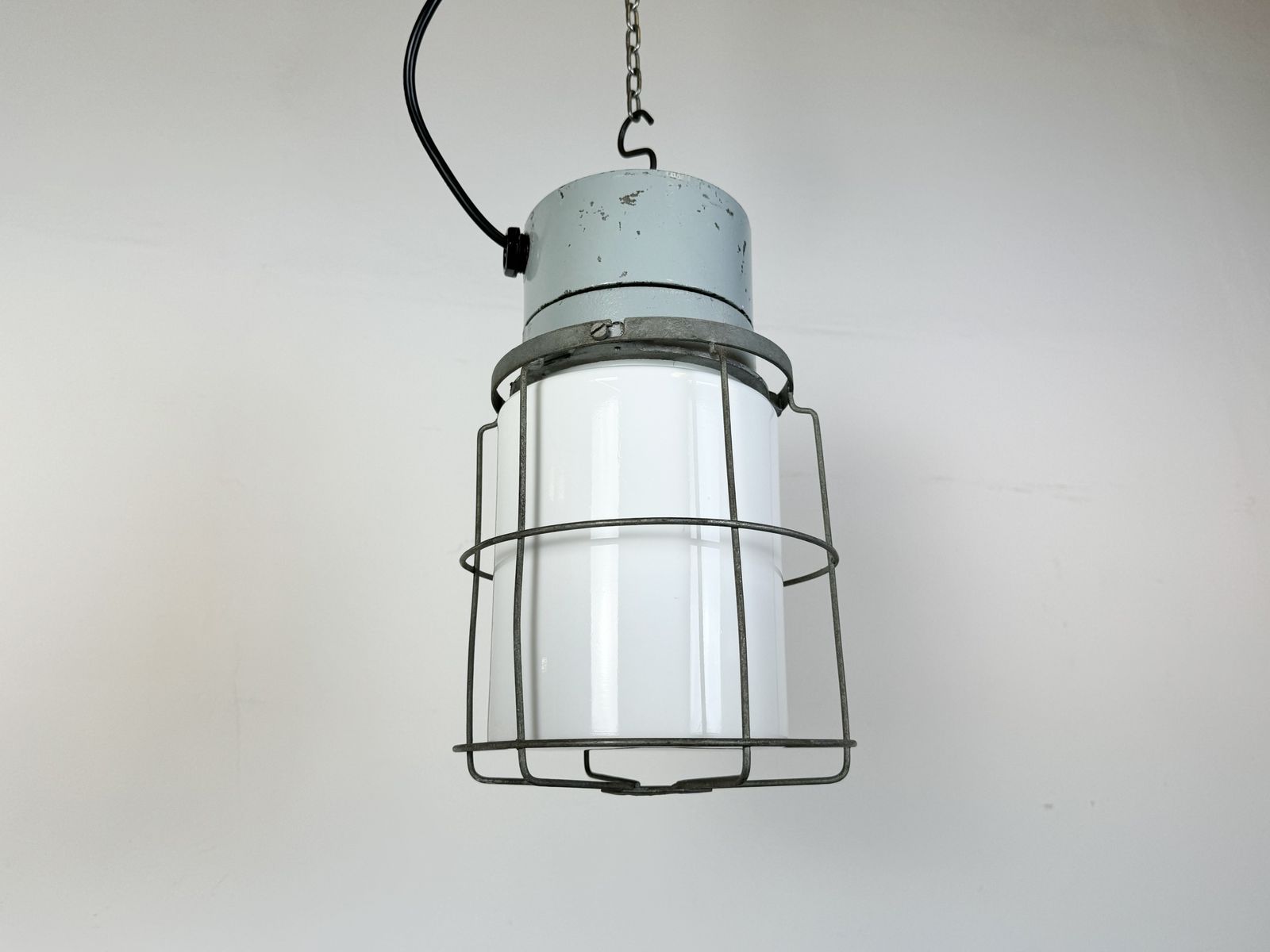 photo for sale Industrial Aluminium Cage Light With Milk Glass From Elektrosvit, 1970s
