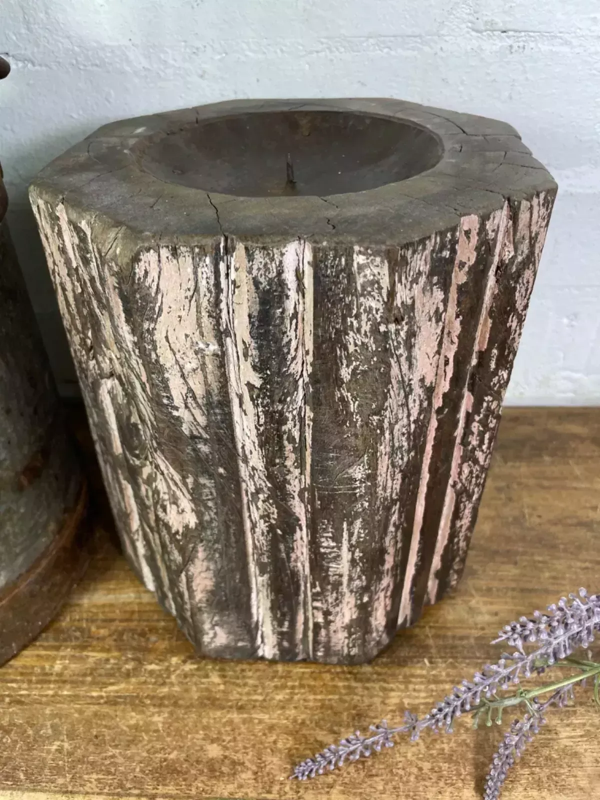 Vintage Reclaimed Hand Carved Indian Wooden Pillar Base Candle Holder Plinth photo buy