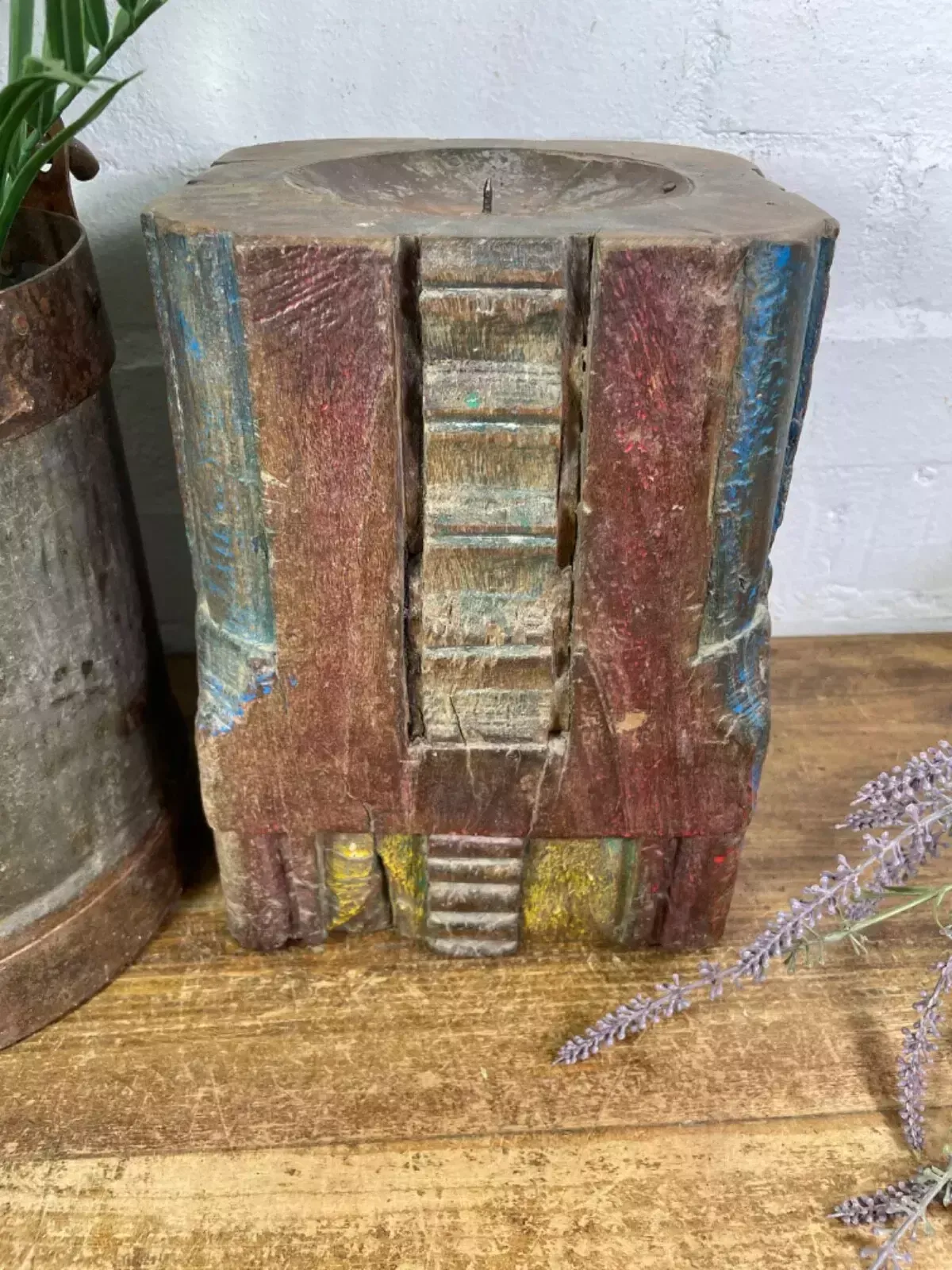 Vintage Reclaimed Hand Carved Indian Wooden Pillar Base Candle Holder Plinth photo buy