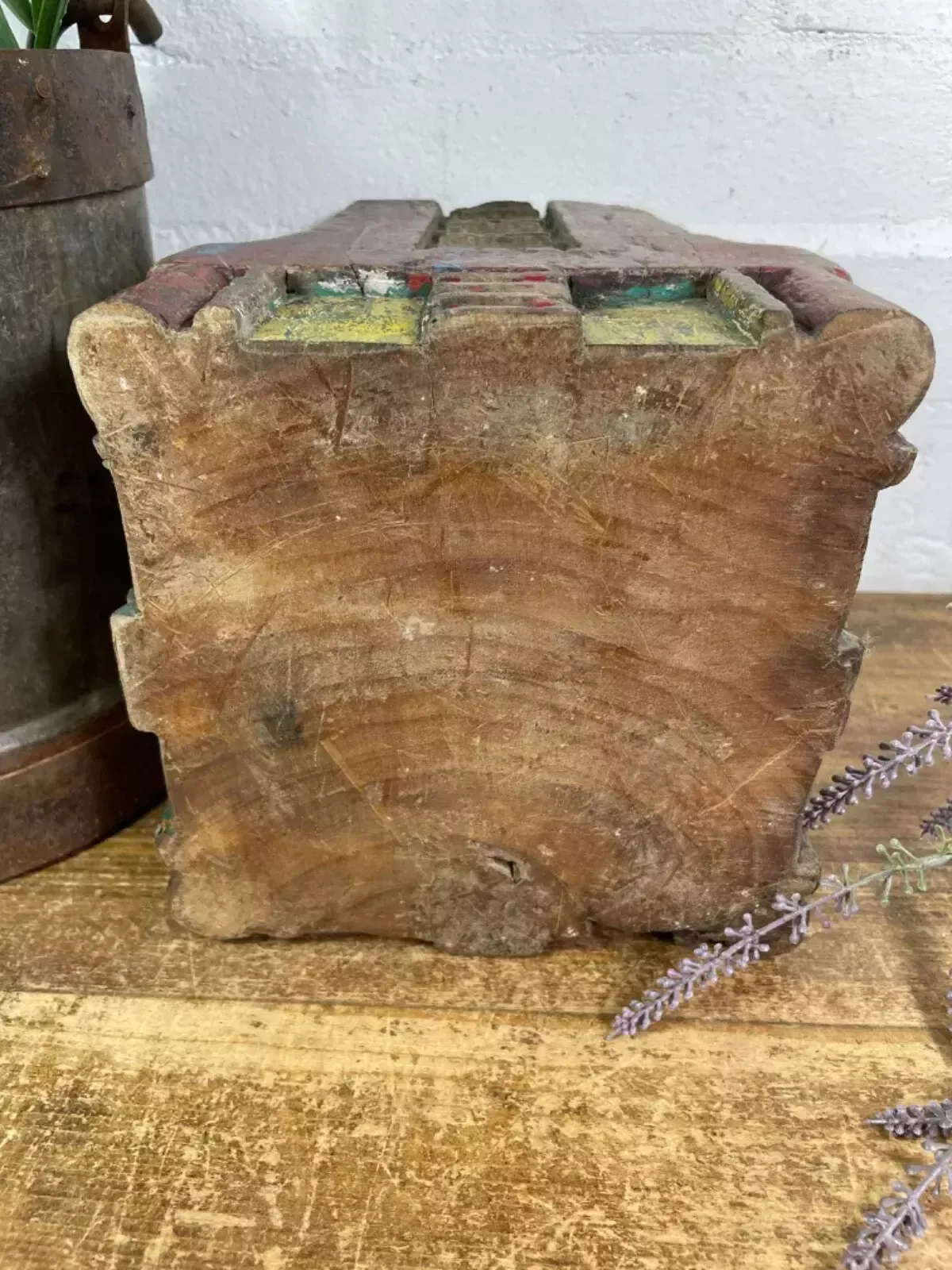 photo for sale Vintage Reclaimed Hand Carved Indian Wooden Pillar Base Candle Holder Plinth