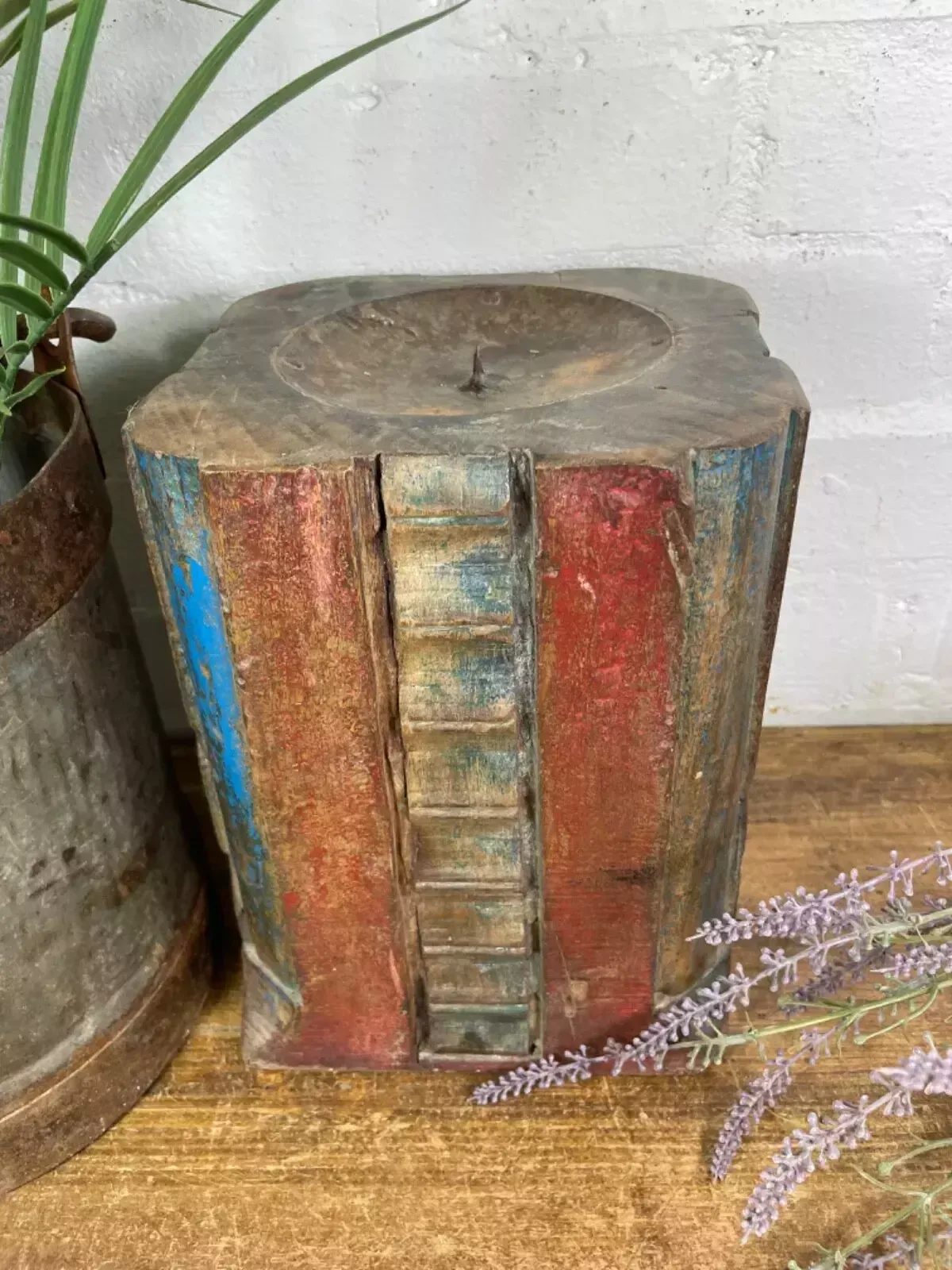Vintage Reclaimed Hand Carved Indian Wooden Pillar Base Candle Holder Plinth photo for sale