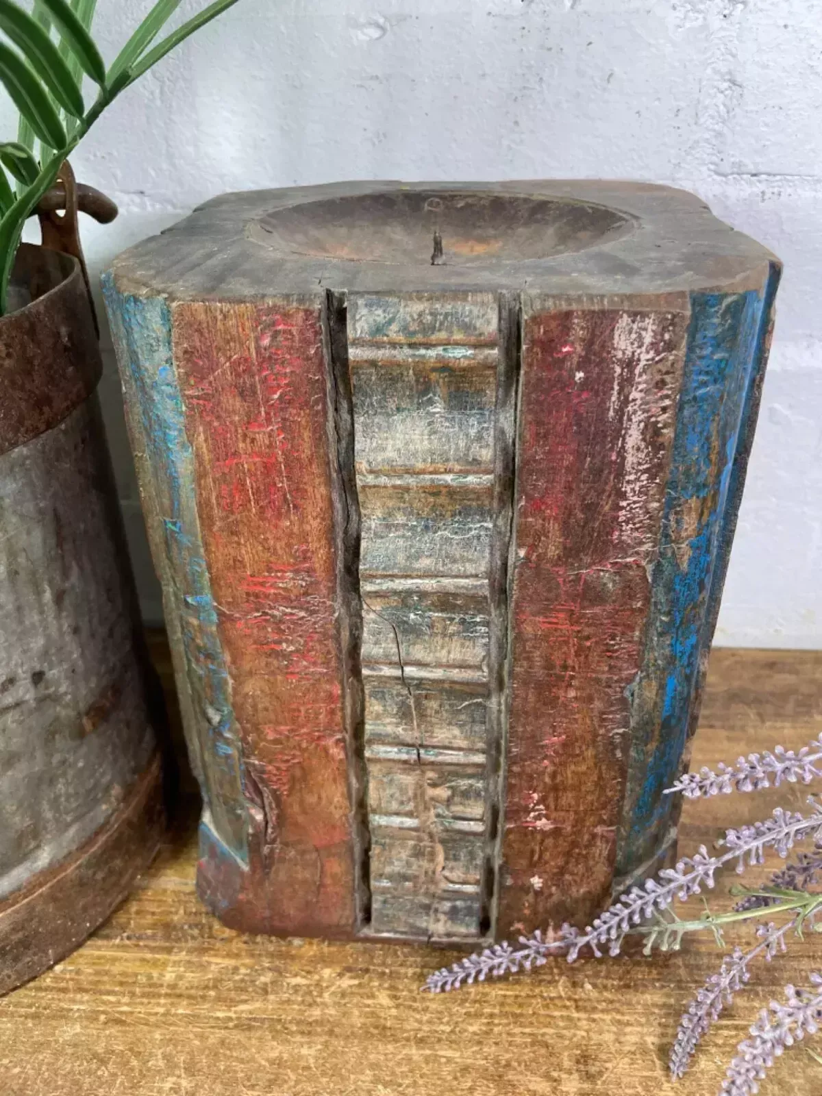 Vintage Reclaimed Hand Carved Indian Wooden Pillar Base Candle Holder Plinth photo buy