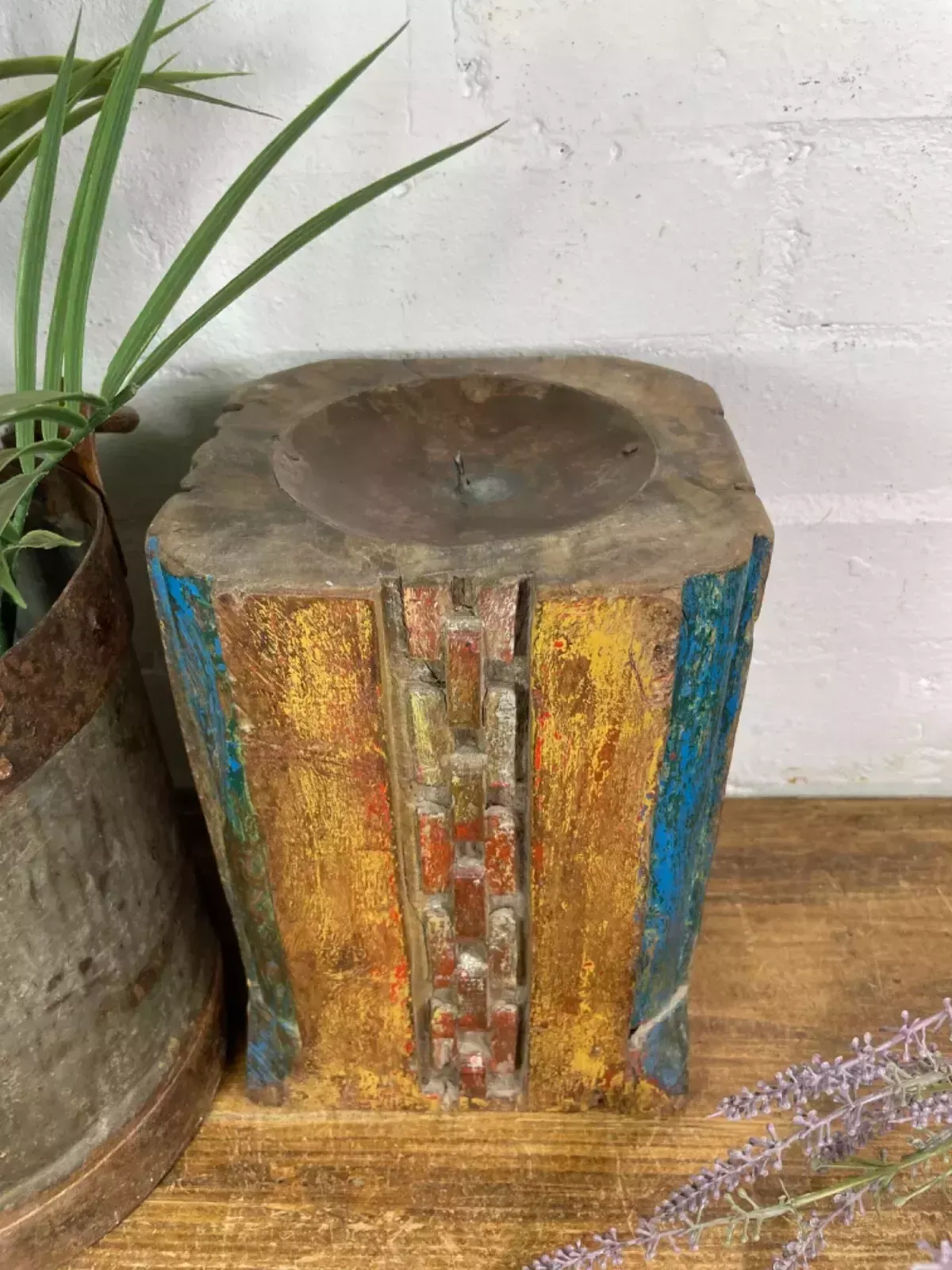 Vintage Reclaimed Hand Carved Indian Wooden Pillar Base Candle Holder Plinth photo for sale