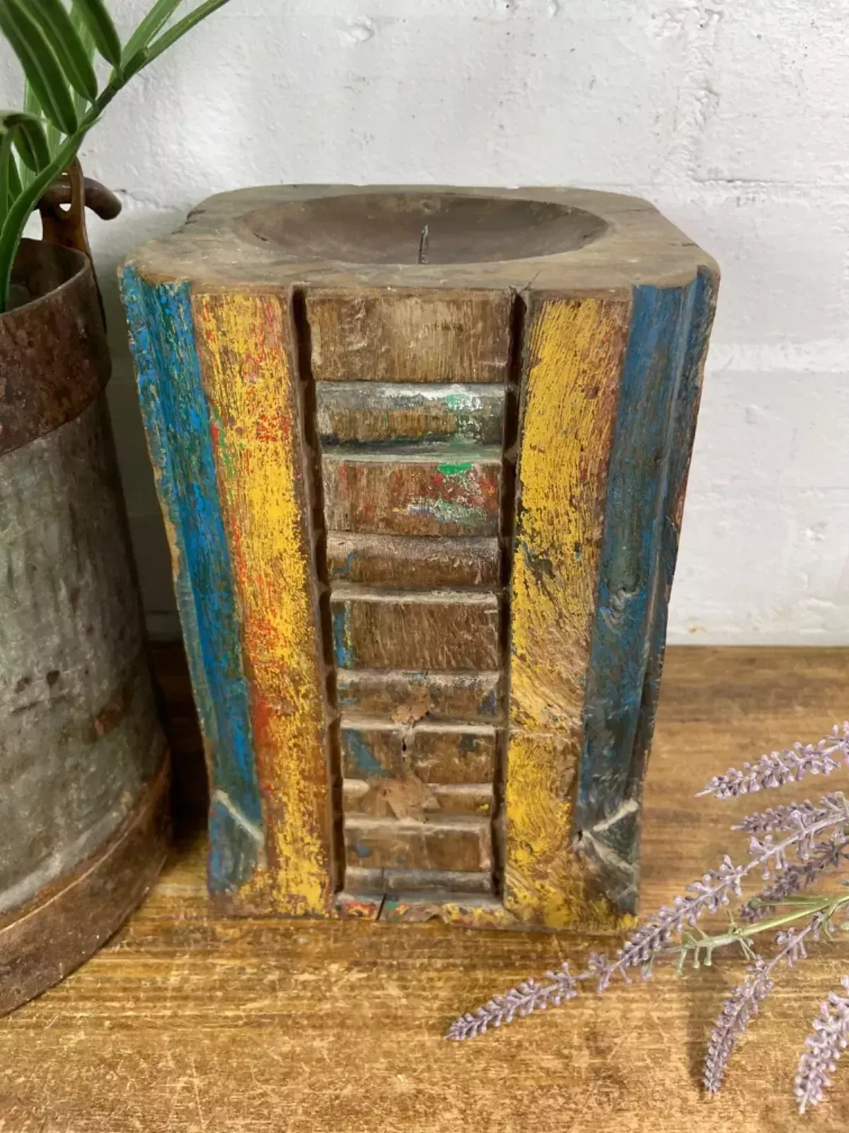 Vintage Reclaimed Hand Carved Indian Wooden Pillar Base Candle Holder Plinth photo vinterior