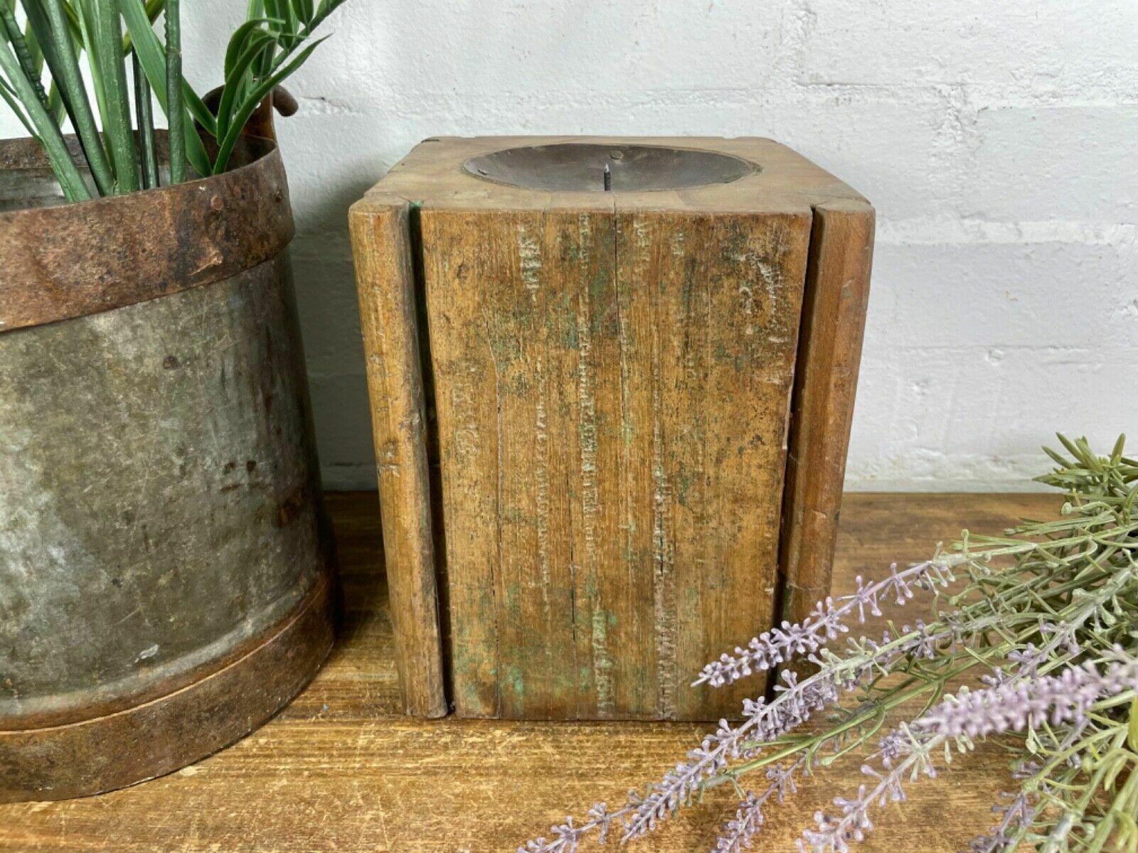 Vintage Reclaimed Hand Carved Indian Wooden Pillar Base Candle Holder Plinth